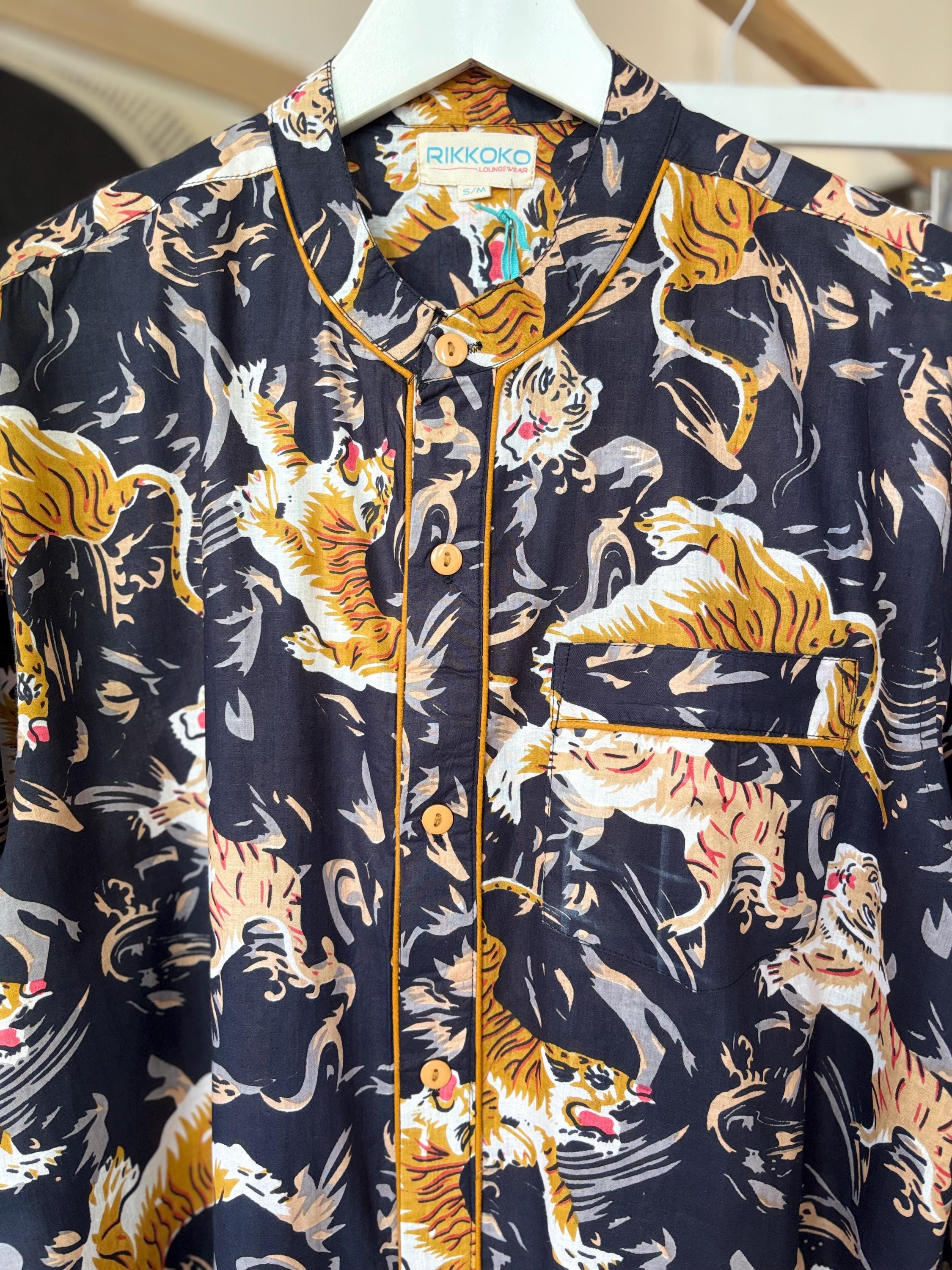 Men's Cotton Tiger Print Pajama Set: Black, Blue, Green