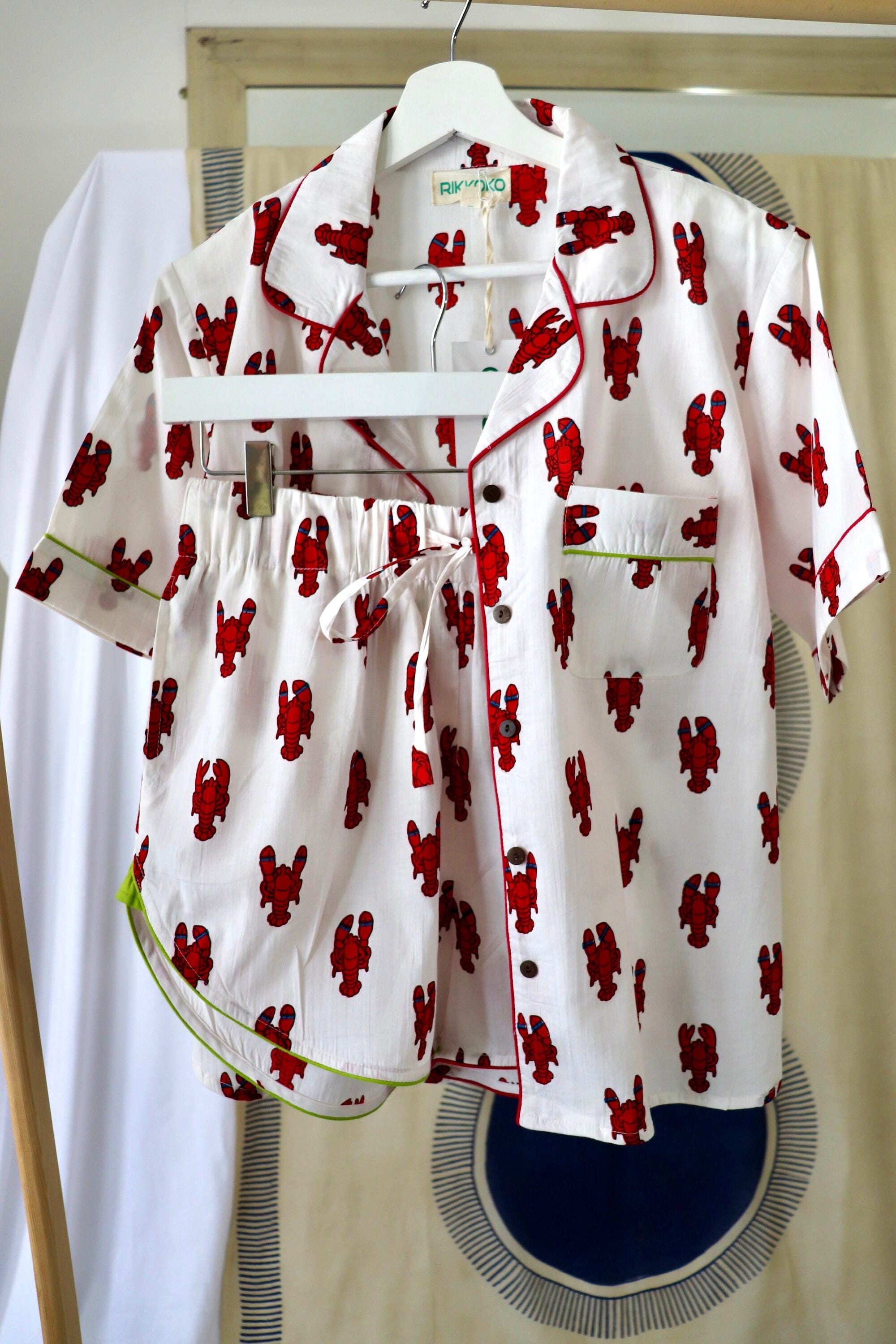 Lobster Print Cotton Pajama Set: Short Sleeve Top & Shorts with Piping
