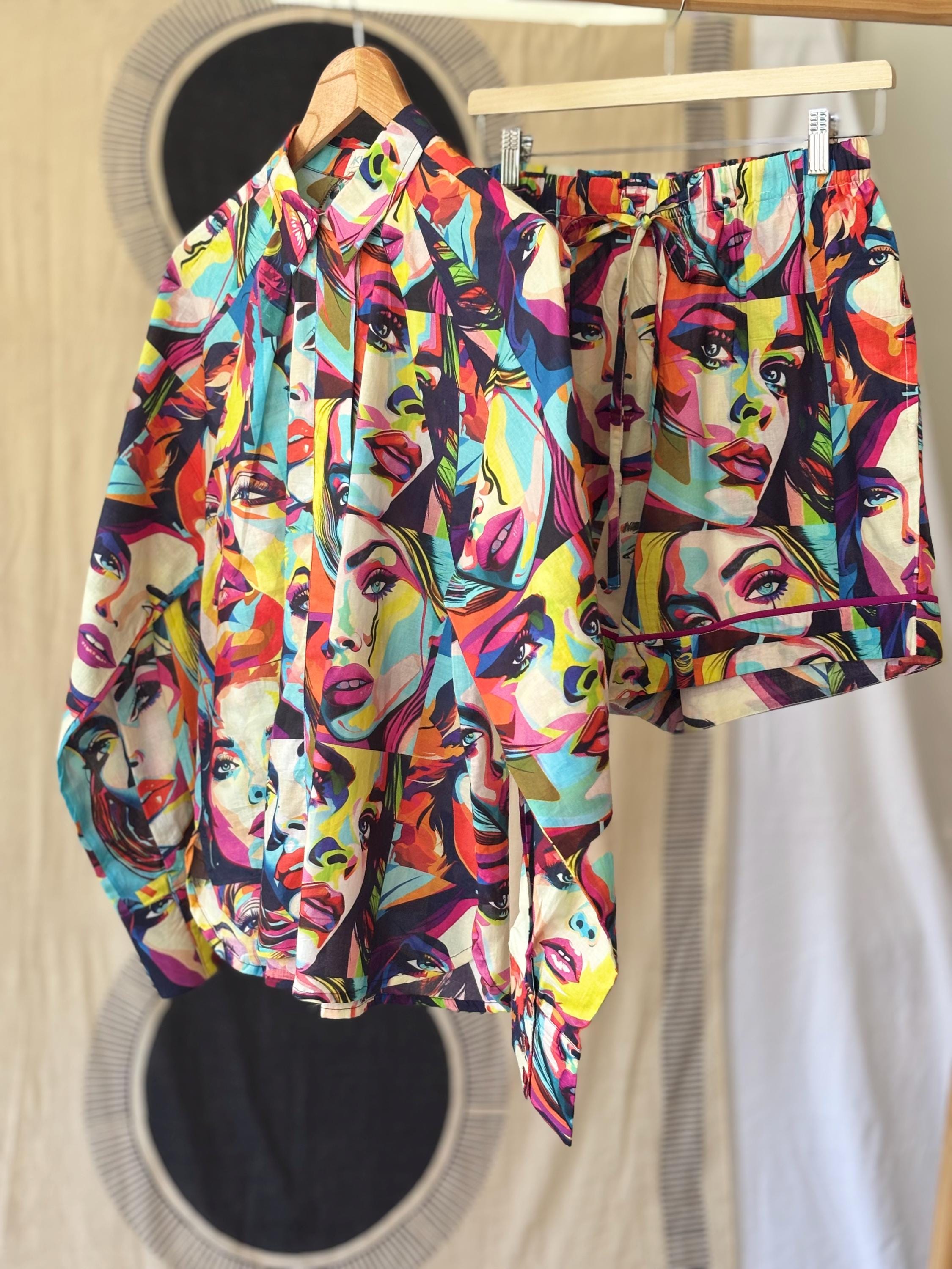 Woman shirt modern style  pop- art print multi-colours woman  in pure cotton