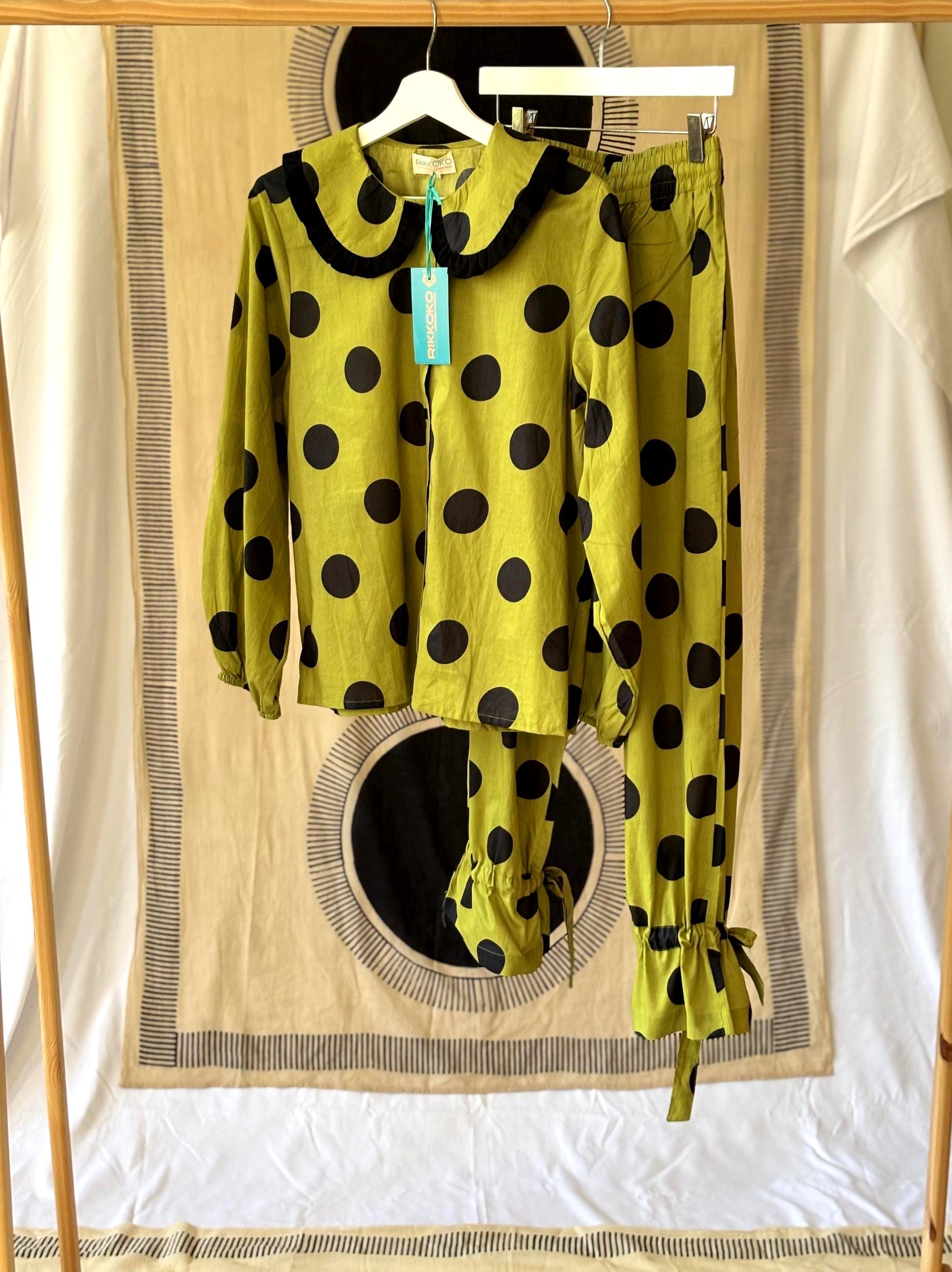 woman Victorian Style Cotton Pyjama  Set black Polka Dot  on a lime green base