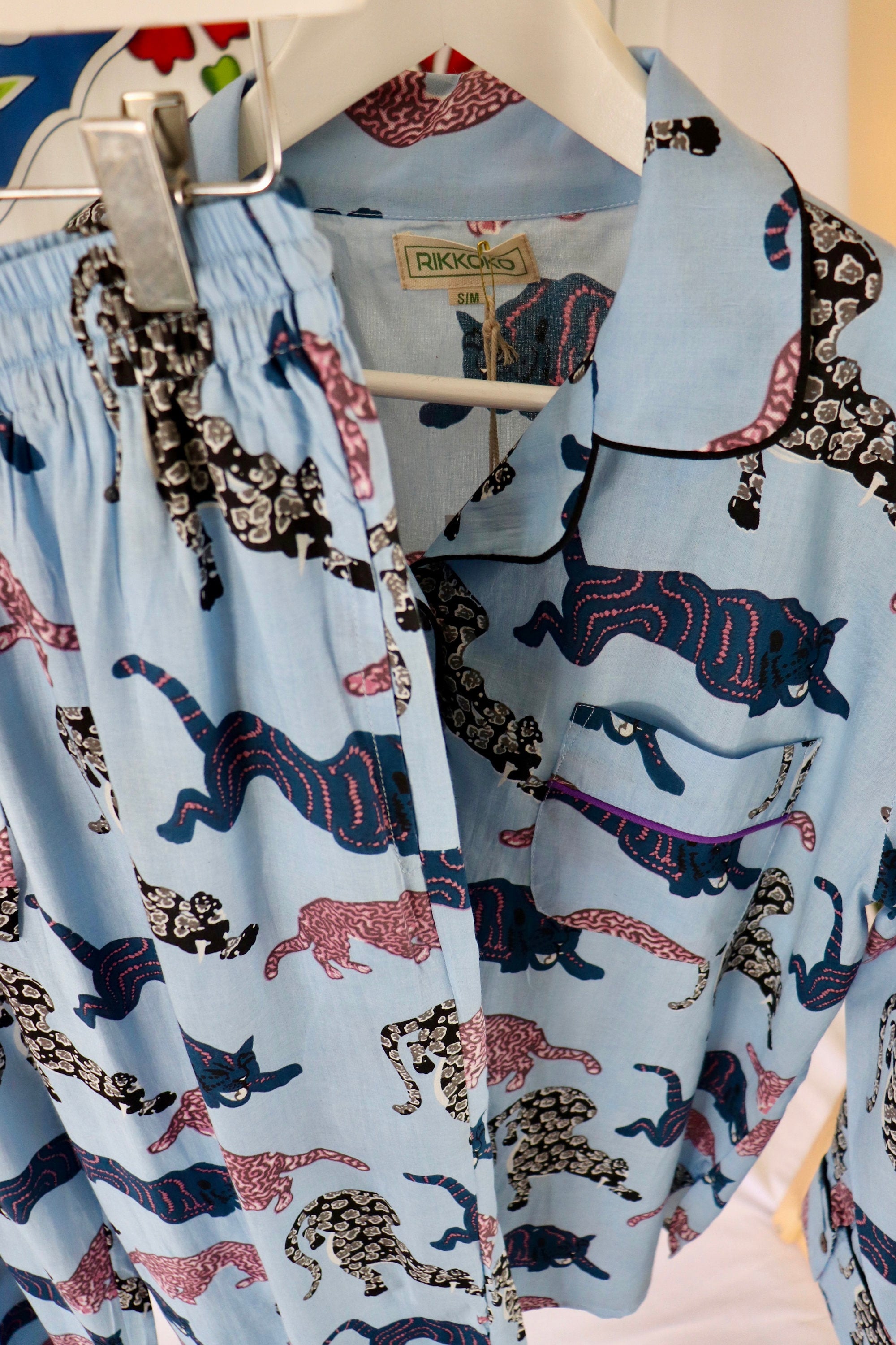 Panther Print Cotton Pajama Set: Blue Long Sleeve Loungewear