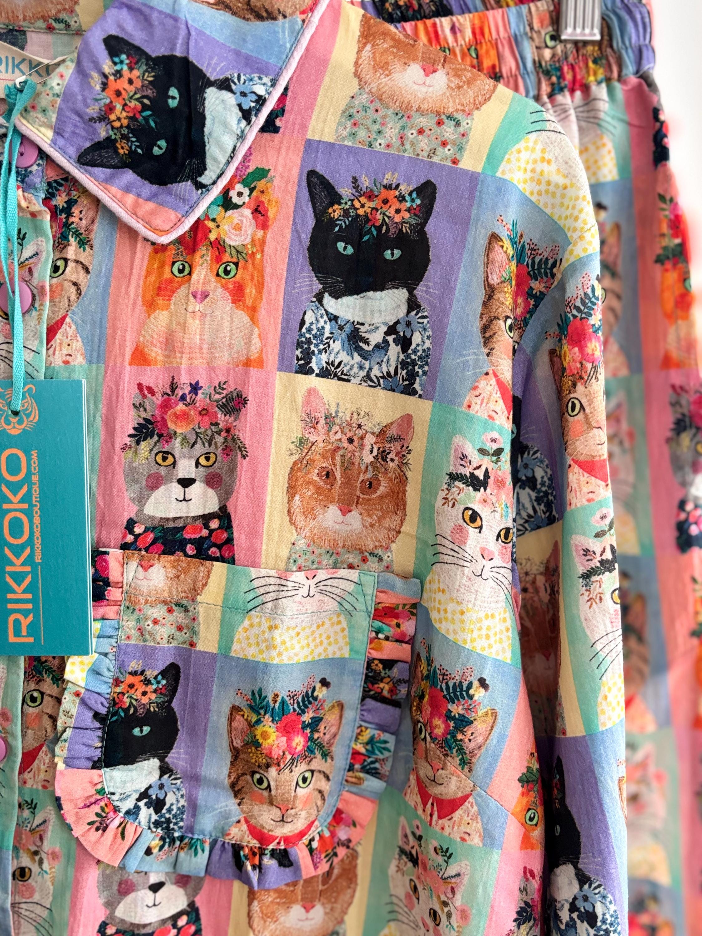 WOMAN Cotton Pyjama Set  Cats Print, with frills on a pastel palette
