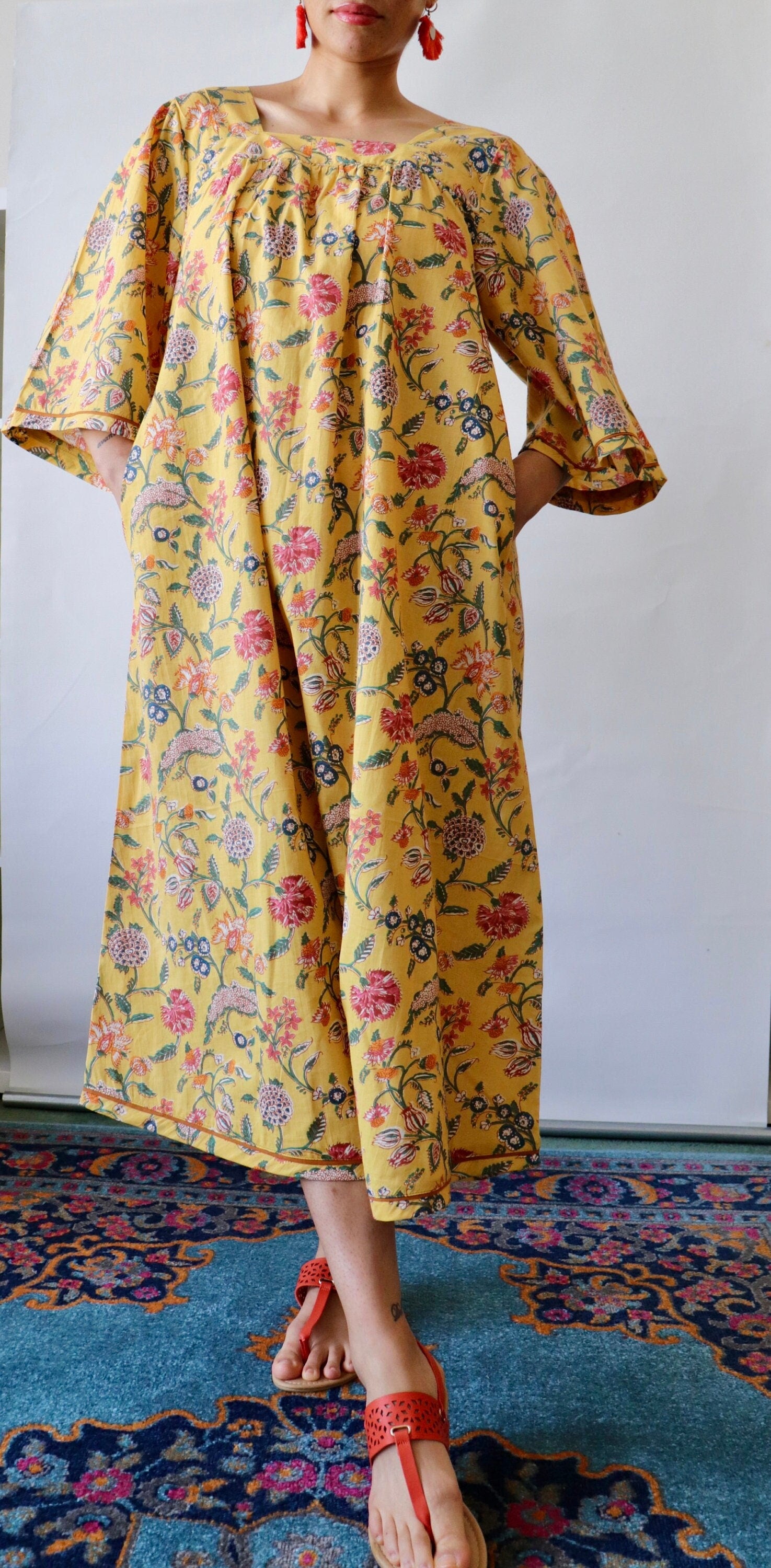 Floral Cotton Summer Dress: Yellow Block-Print Lounge Dress