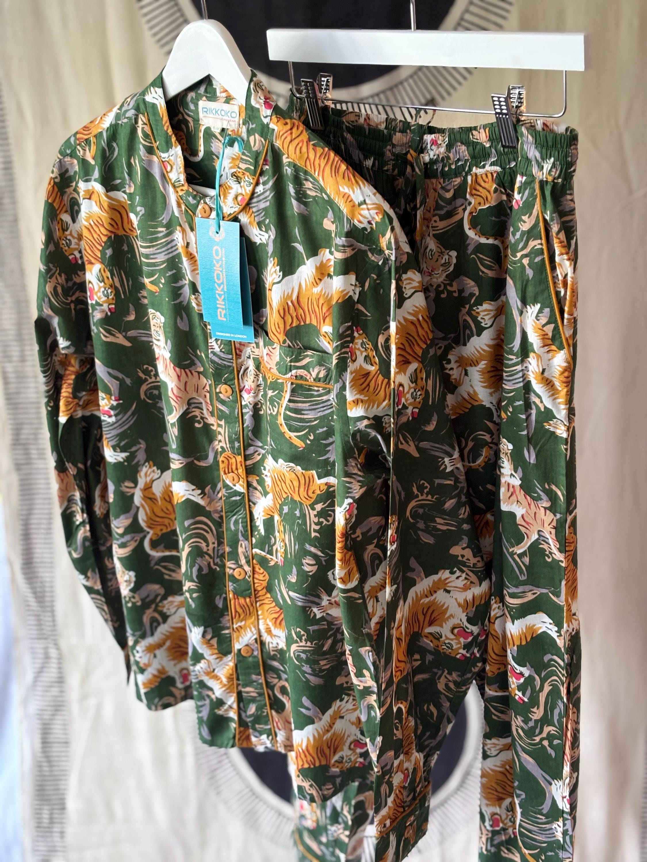 Men's Cotton Tiger Print Pajama Set: Black, Blue, Green