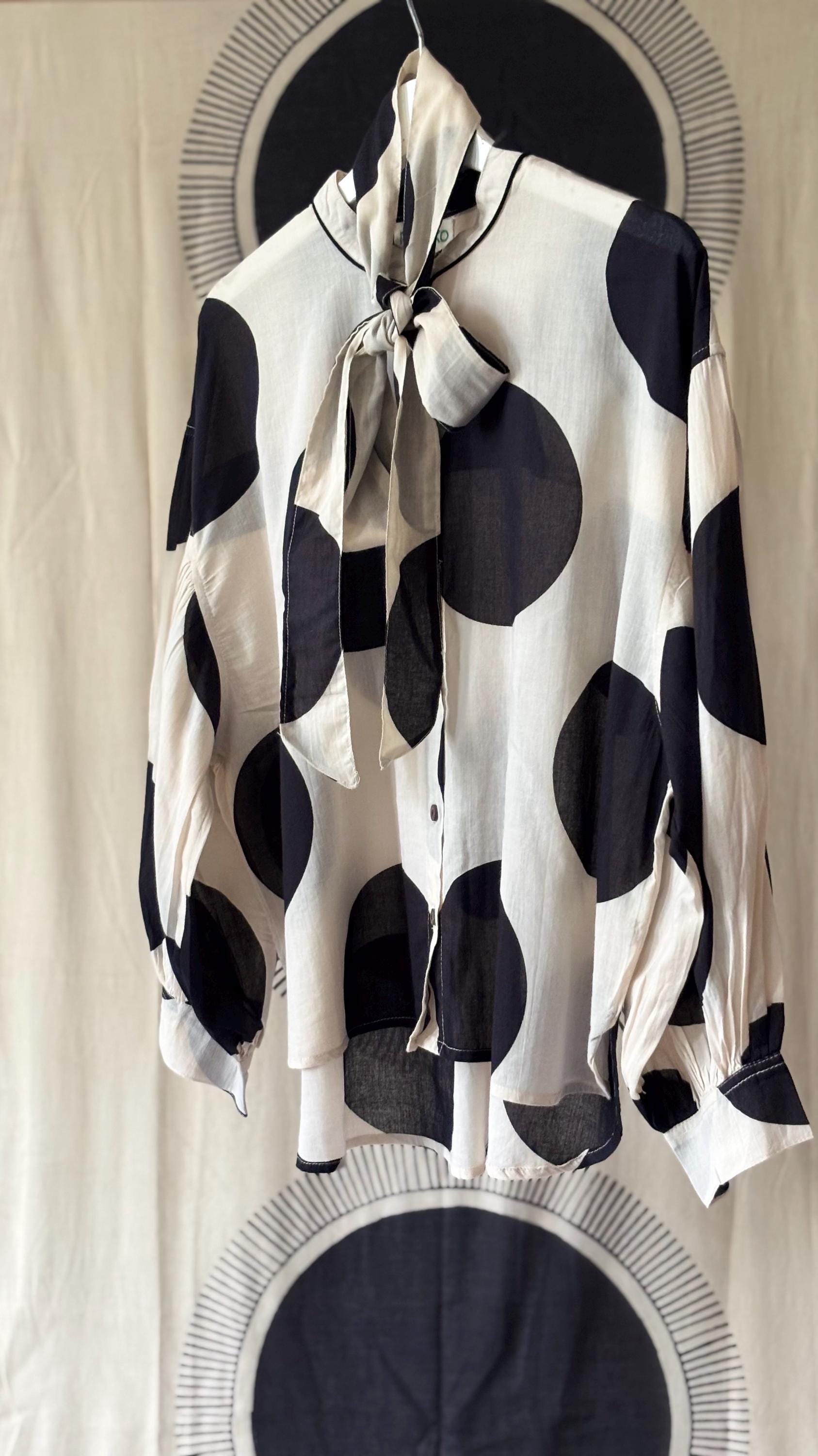 Oversized Cotton Polka Dot Blouse: Pussy Bow, Long Sleeves