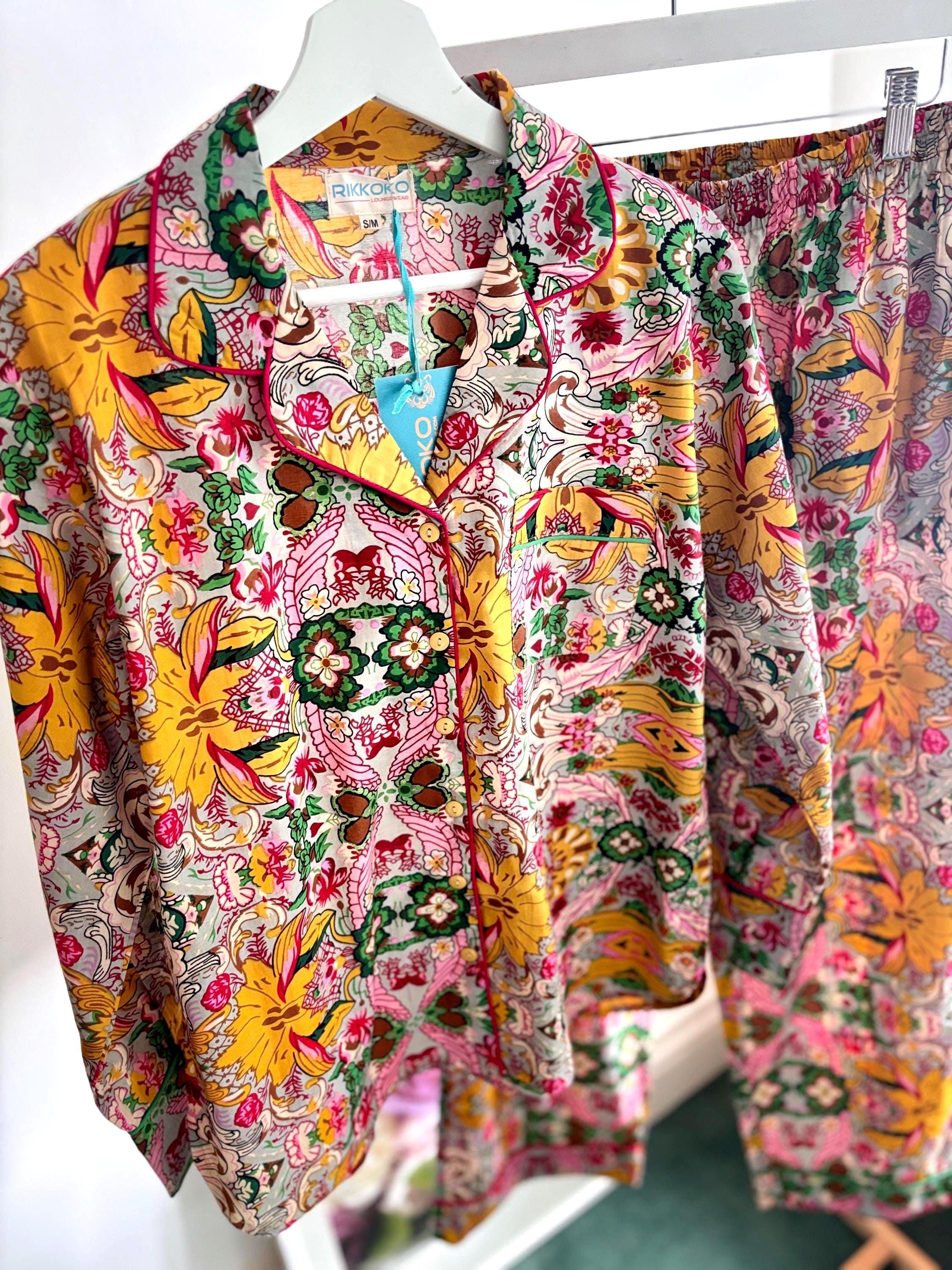 Woman Pyjama cotton Set  Yellow Prism Print and Contrast Piping long pants and sleeves