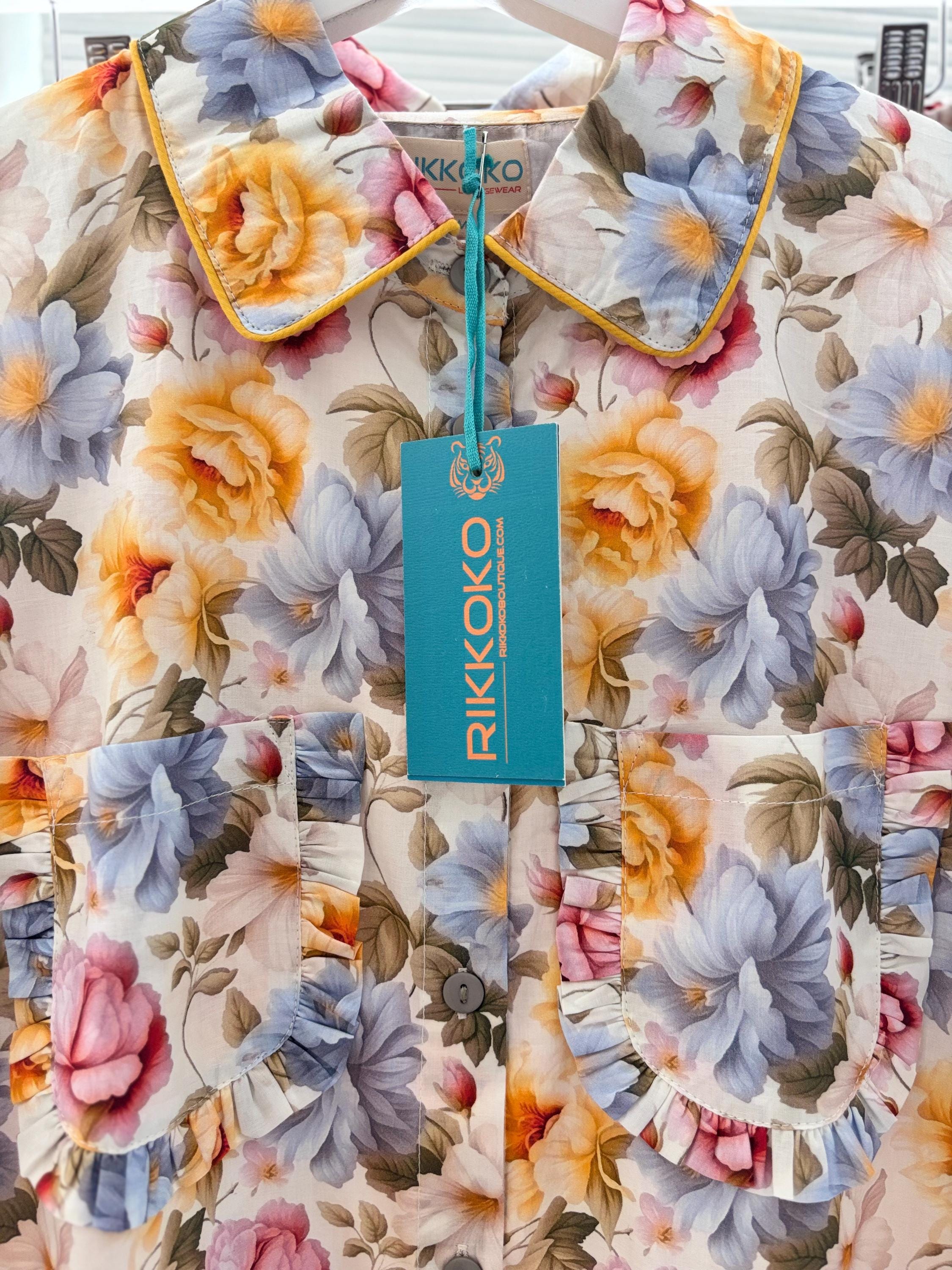Floral Cotton Pyjama Set: Vintage Style Frills, Sky Blue & Yellow
