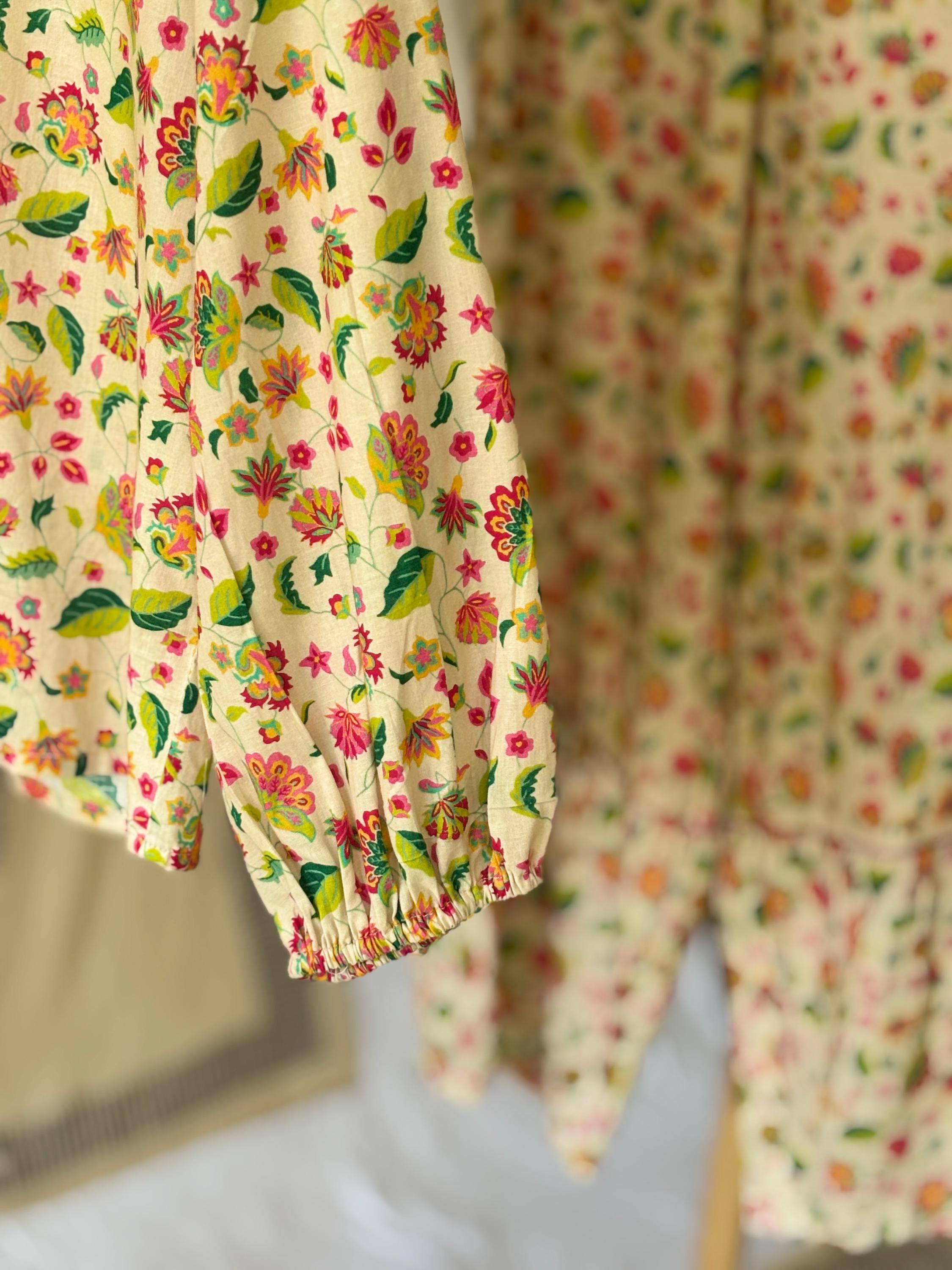 Victorian Floral Cotton Pyjama Set: Magenta Ruffle Trim