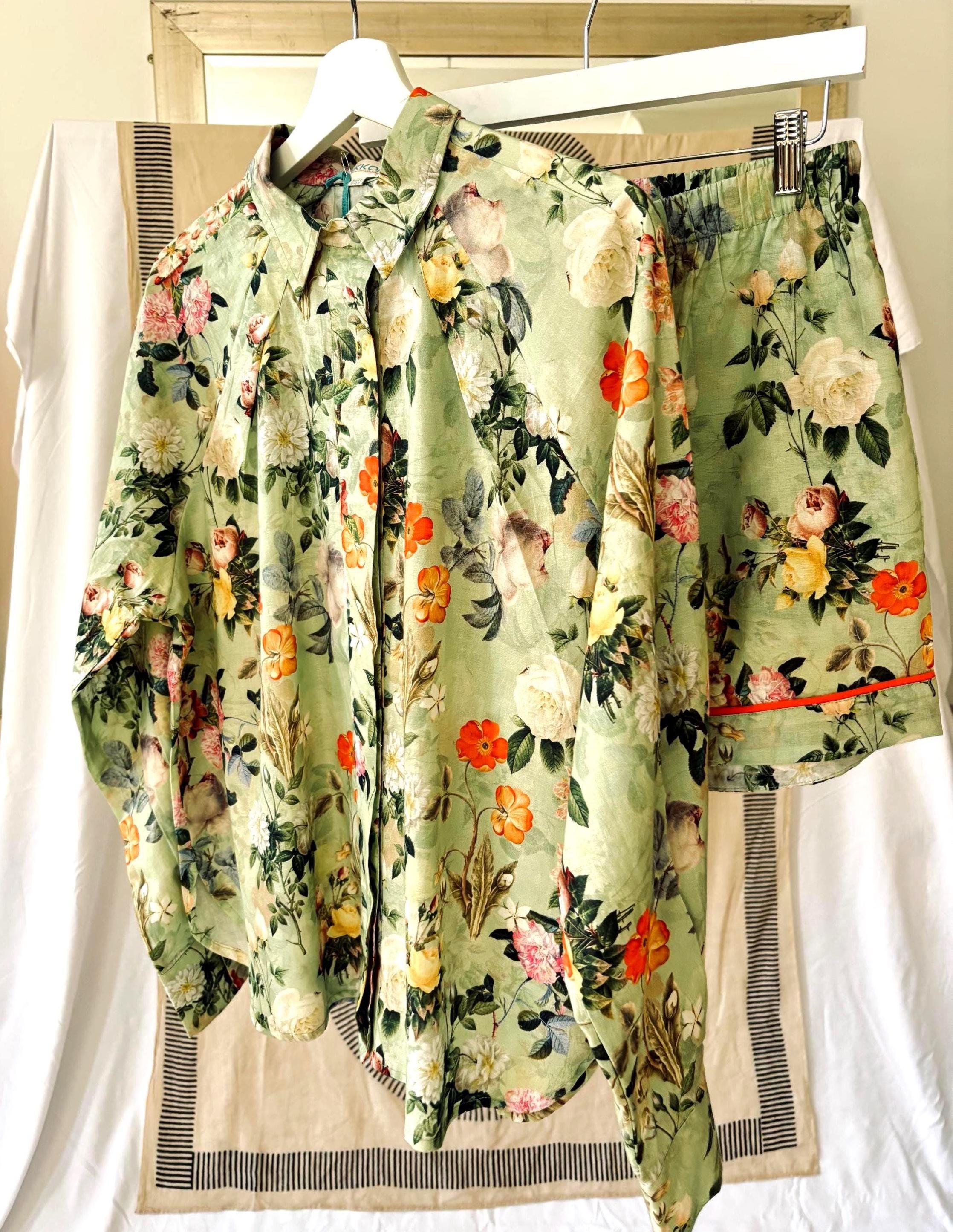 Vintage Floral Print Cotton woman shirt  Sage Green & Orange palette