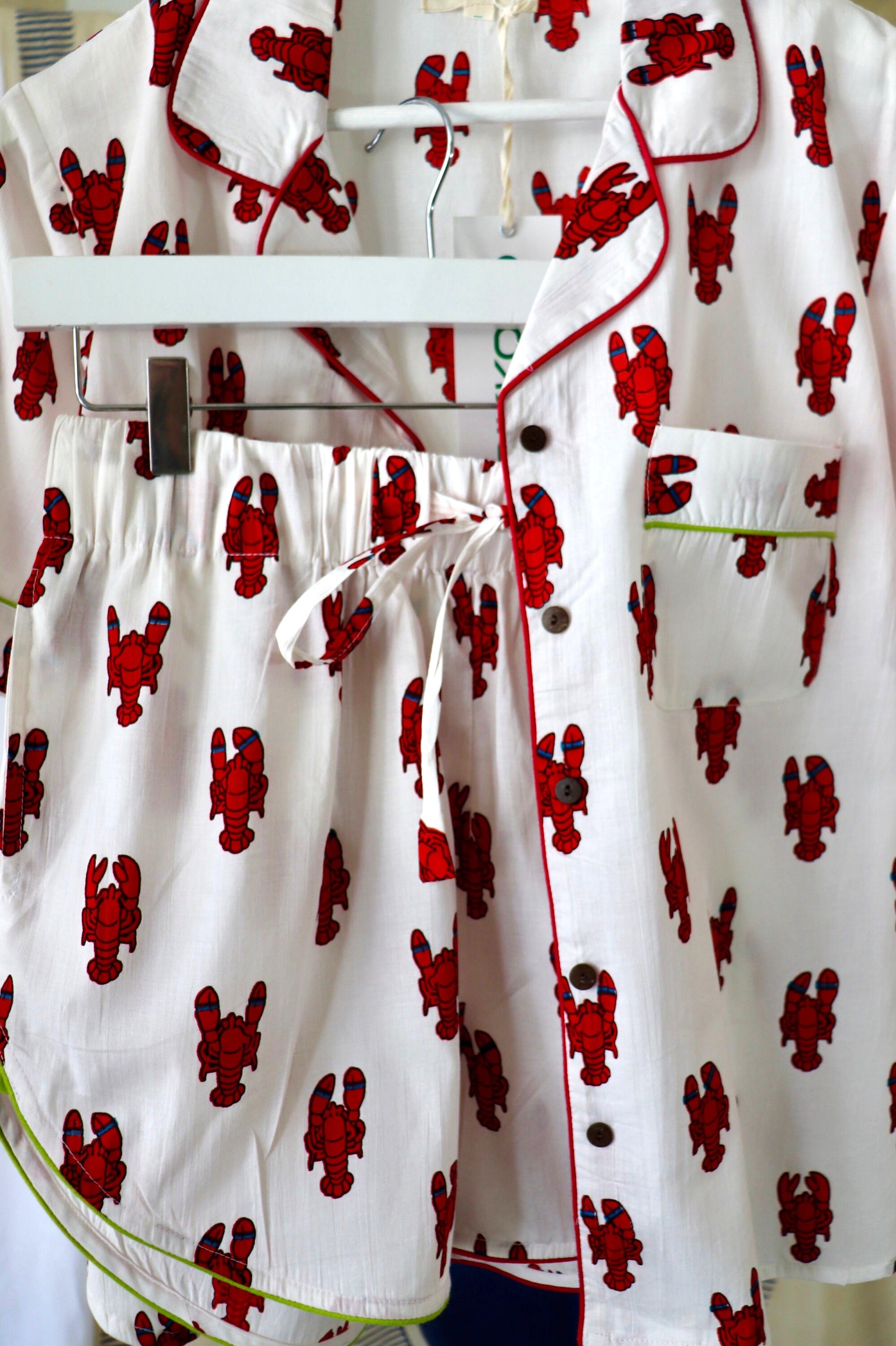 Lobster Print Cotton Pajama Set: Short Sleeve Top & Shorts with Piping