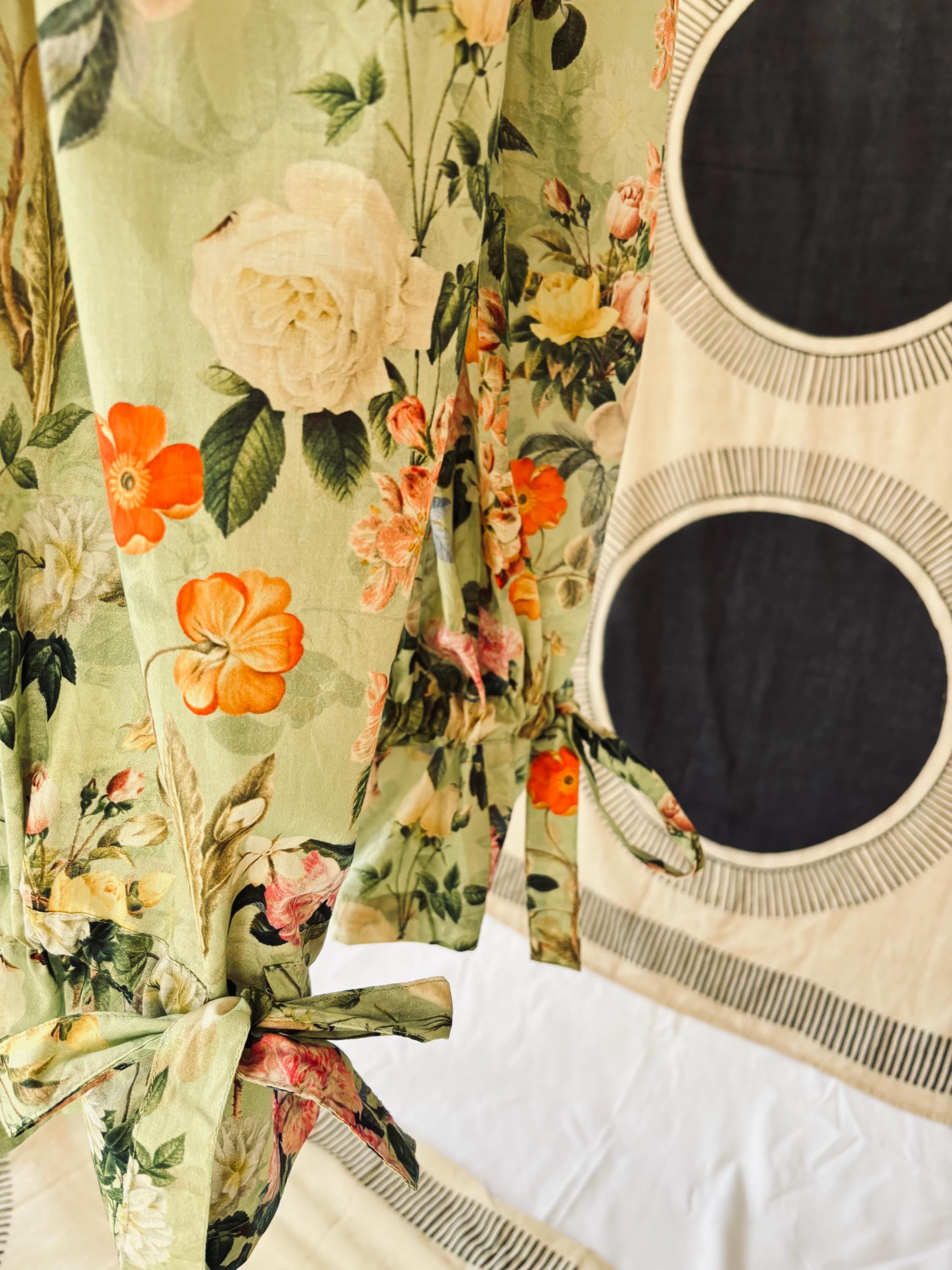 Victorian Floral Cotton Pajama Set: Sage Green & Orange Ruffle Trim