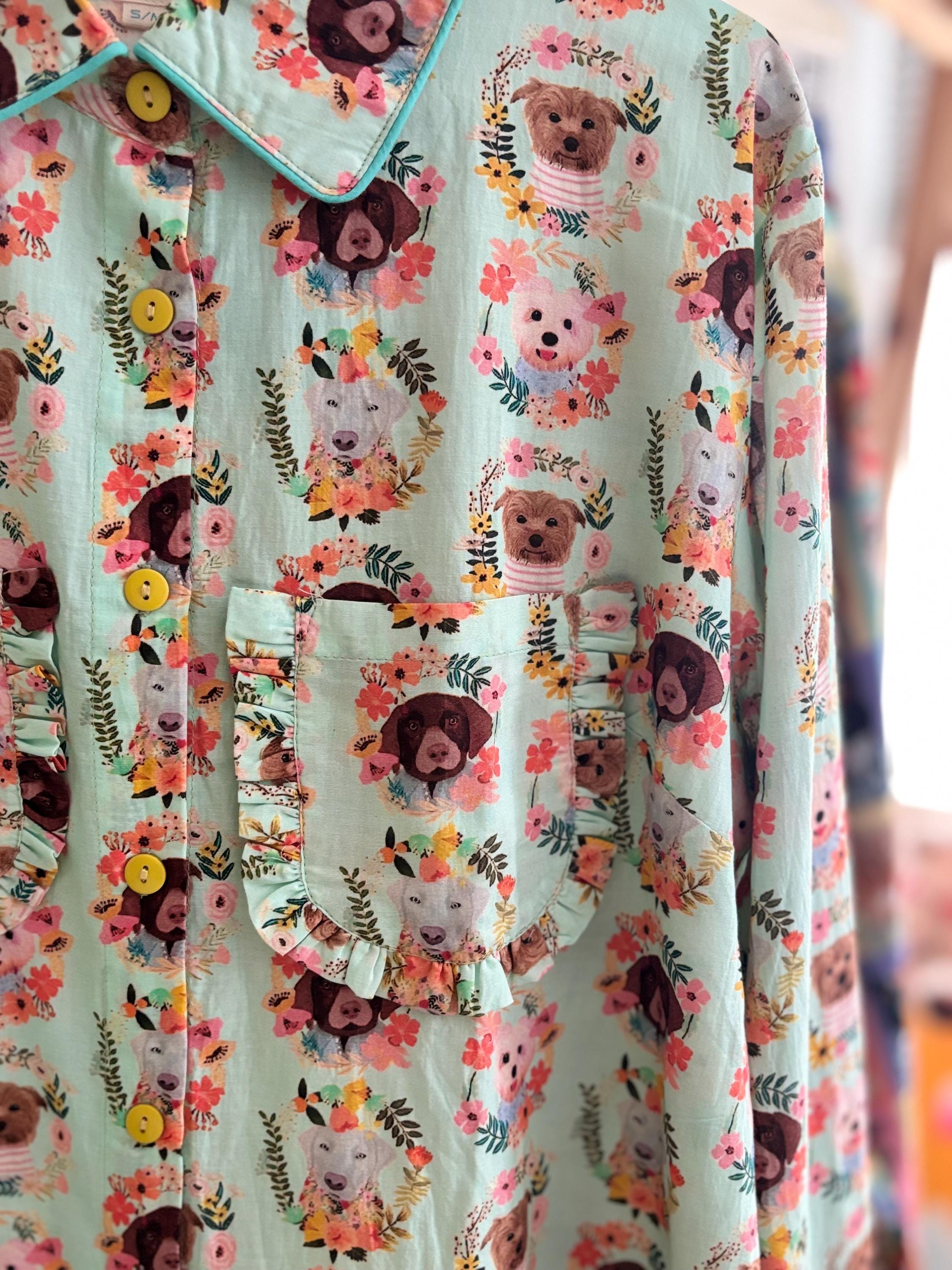 Pyjama cotton set coordinate  with frills  and pocket on quirky  DOGS PUPPY  print