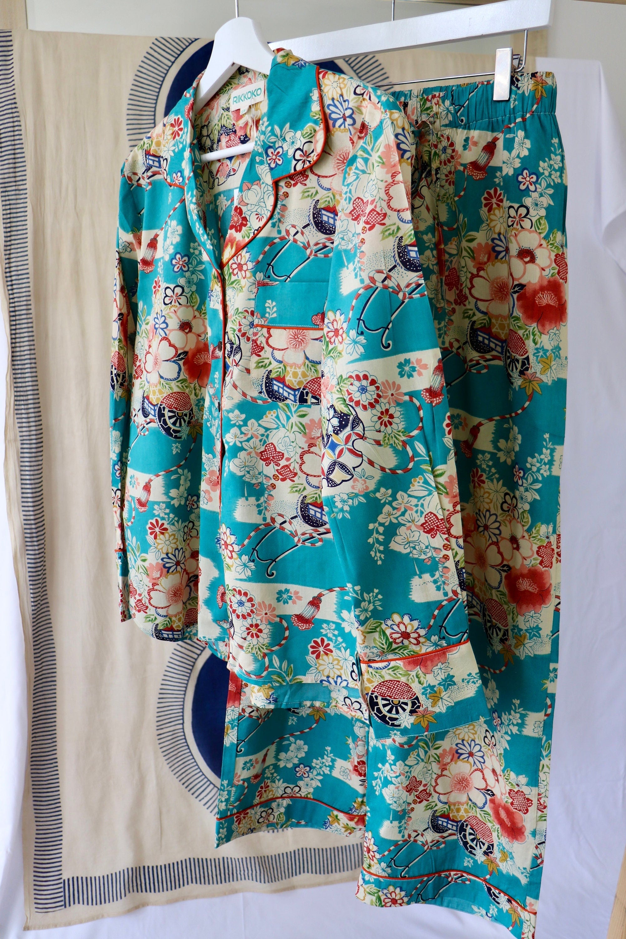 Cotton WOAMAN  PYJAMA  Set BLUE  Sky Print Floral Japanese