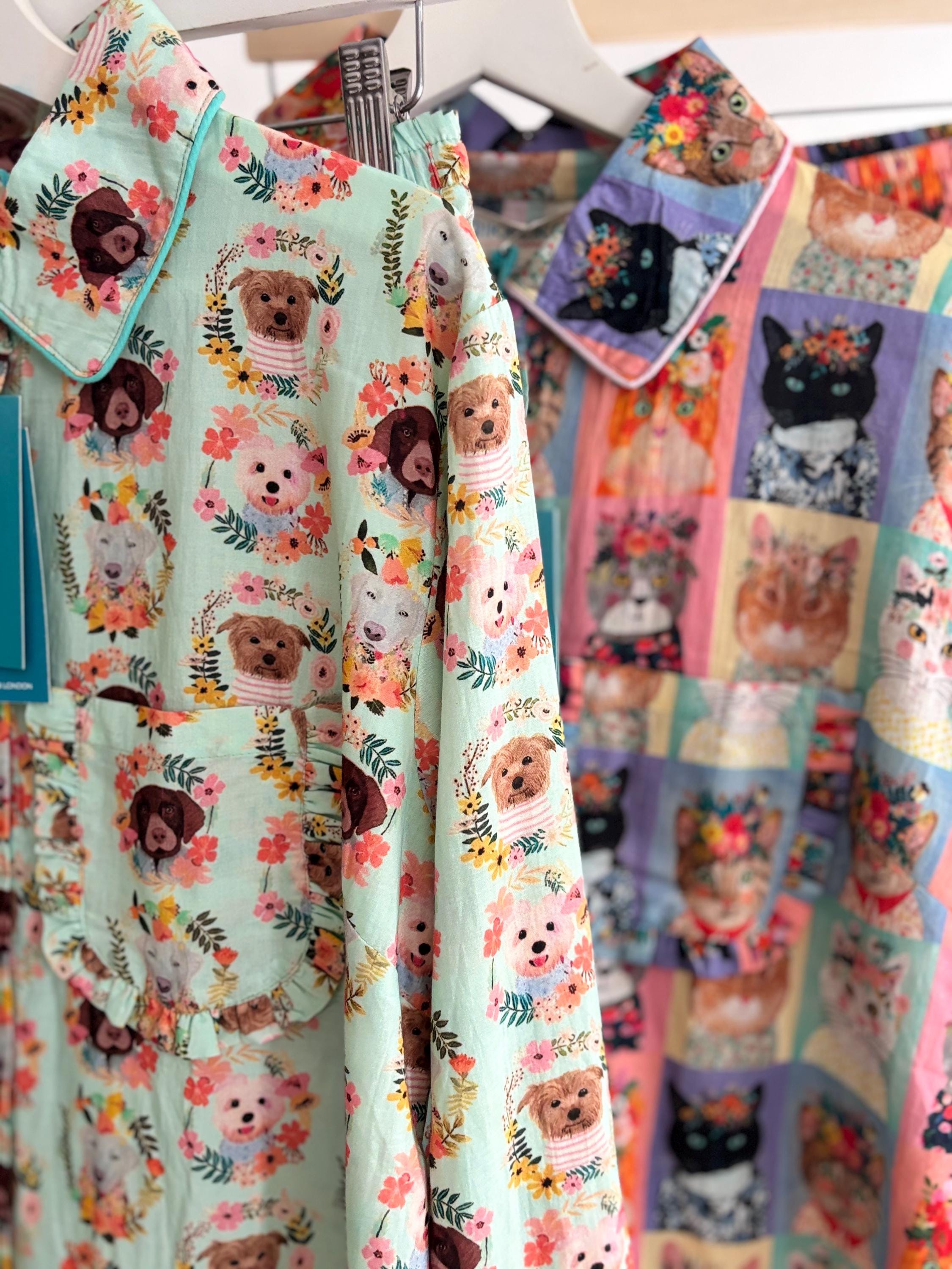 Pyjama cotton set coordinate  with frills  and pocket on quirky  DOGS PUPPY  print