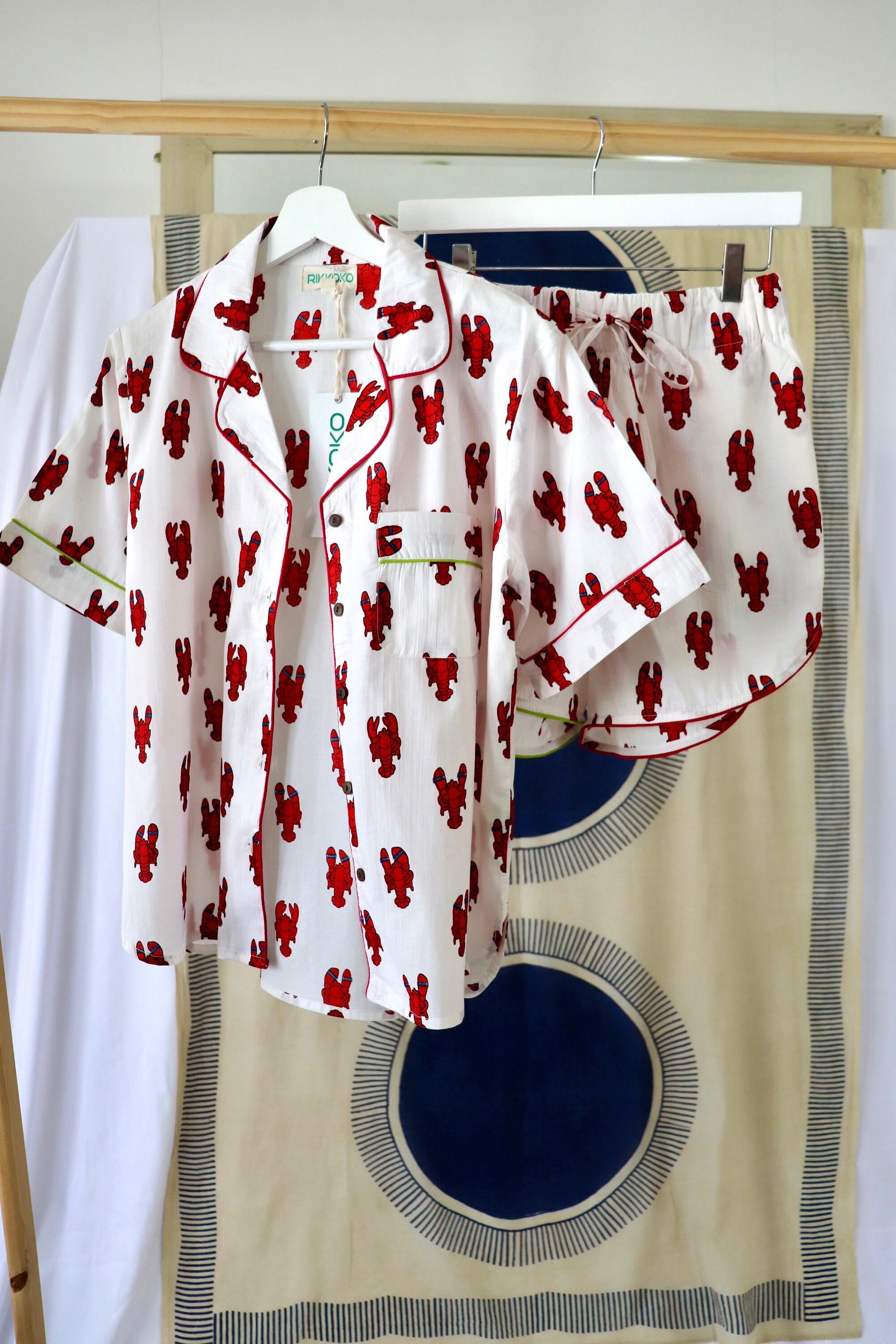 Lobster Print Cotton Pajama Set: Short Sleeve Top & Shorts with Piping