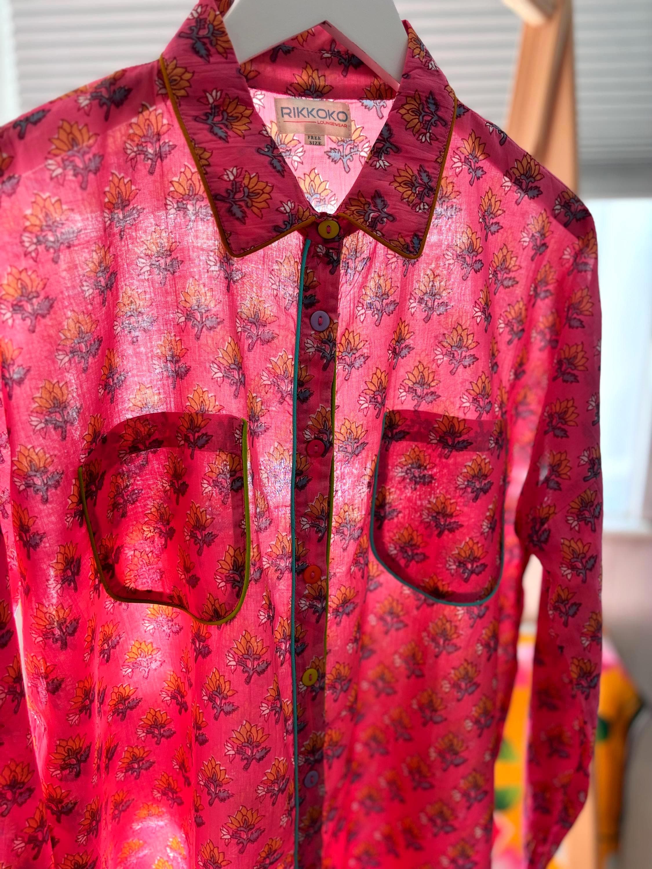 pyjama woman set coordinate  light cotton with yellow  flower on pink base