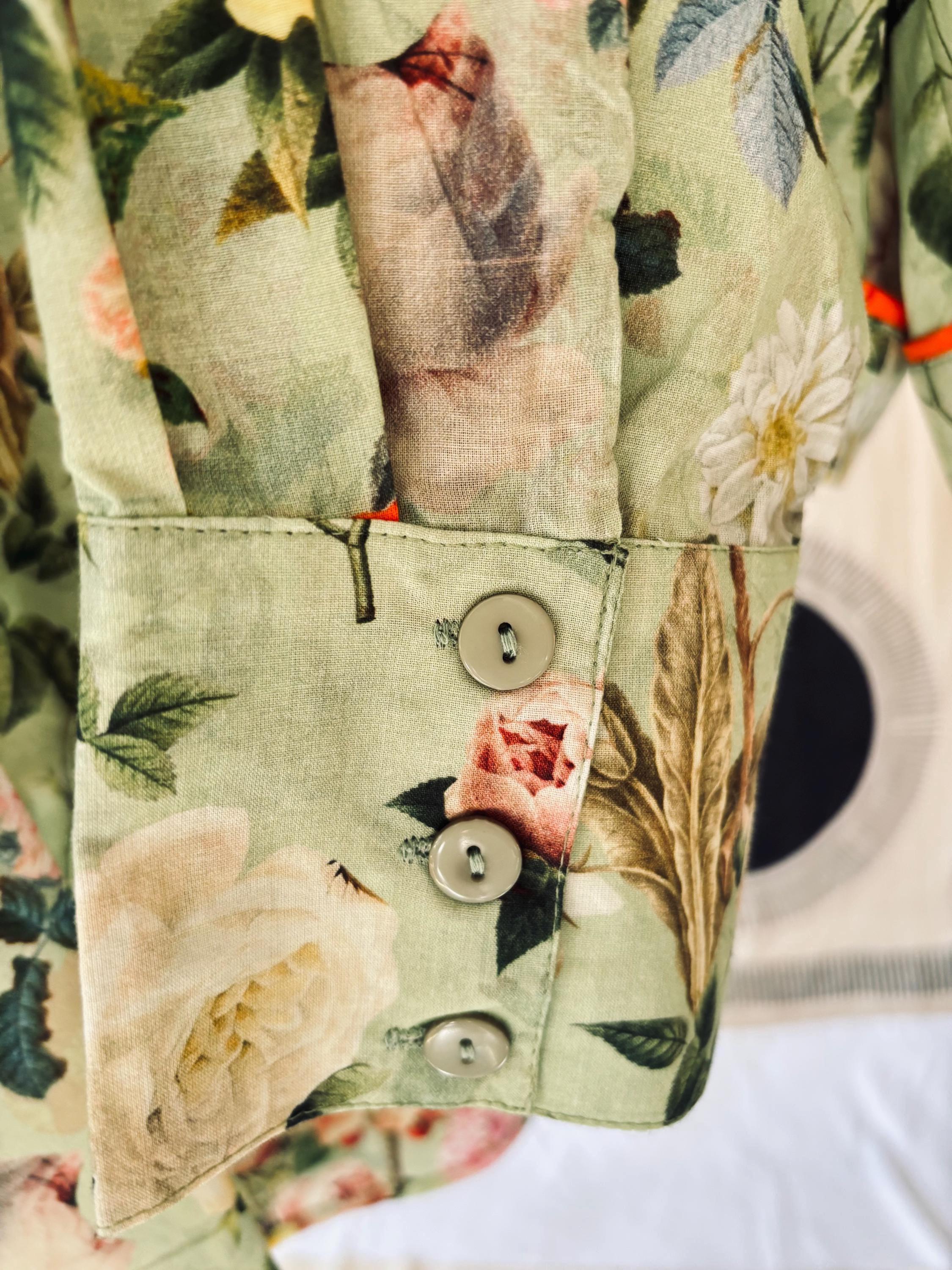 Vintage Floral Print Cotton woman shirt  Sage Green & Orange palette