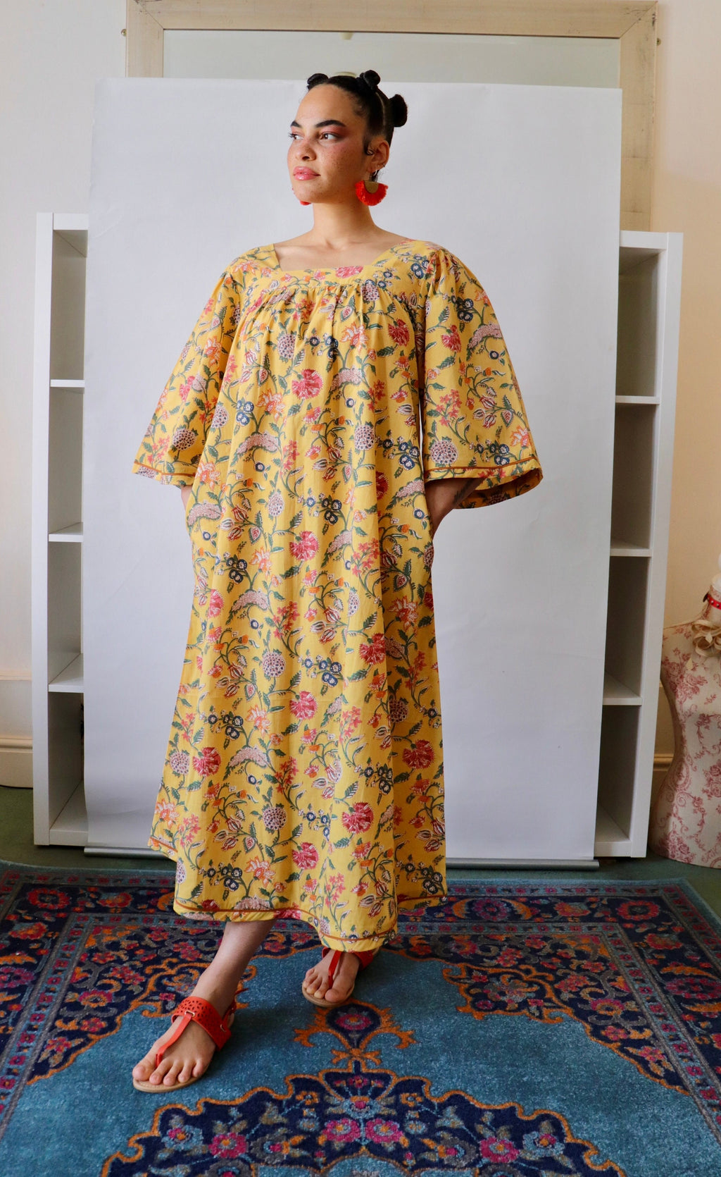 Floral Cotton Summer Dress: Yellow Block-Print Lounge Dress