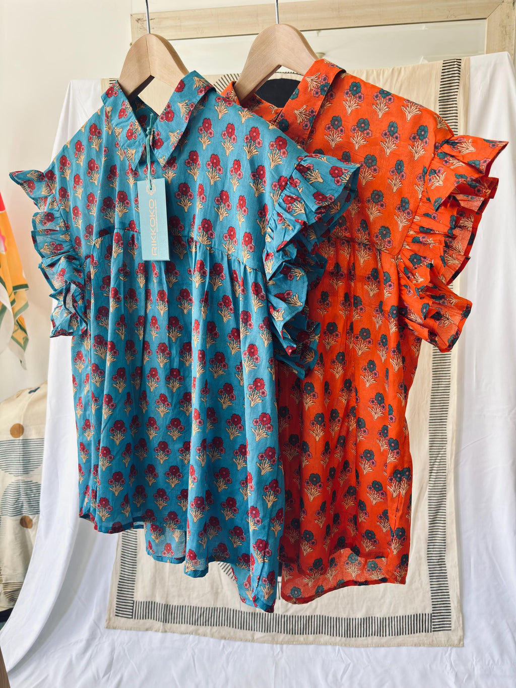 Floral blouse | 100% cotton sleeveless summer block print | orange | blue | cream