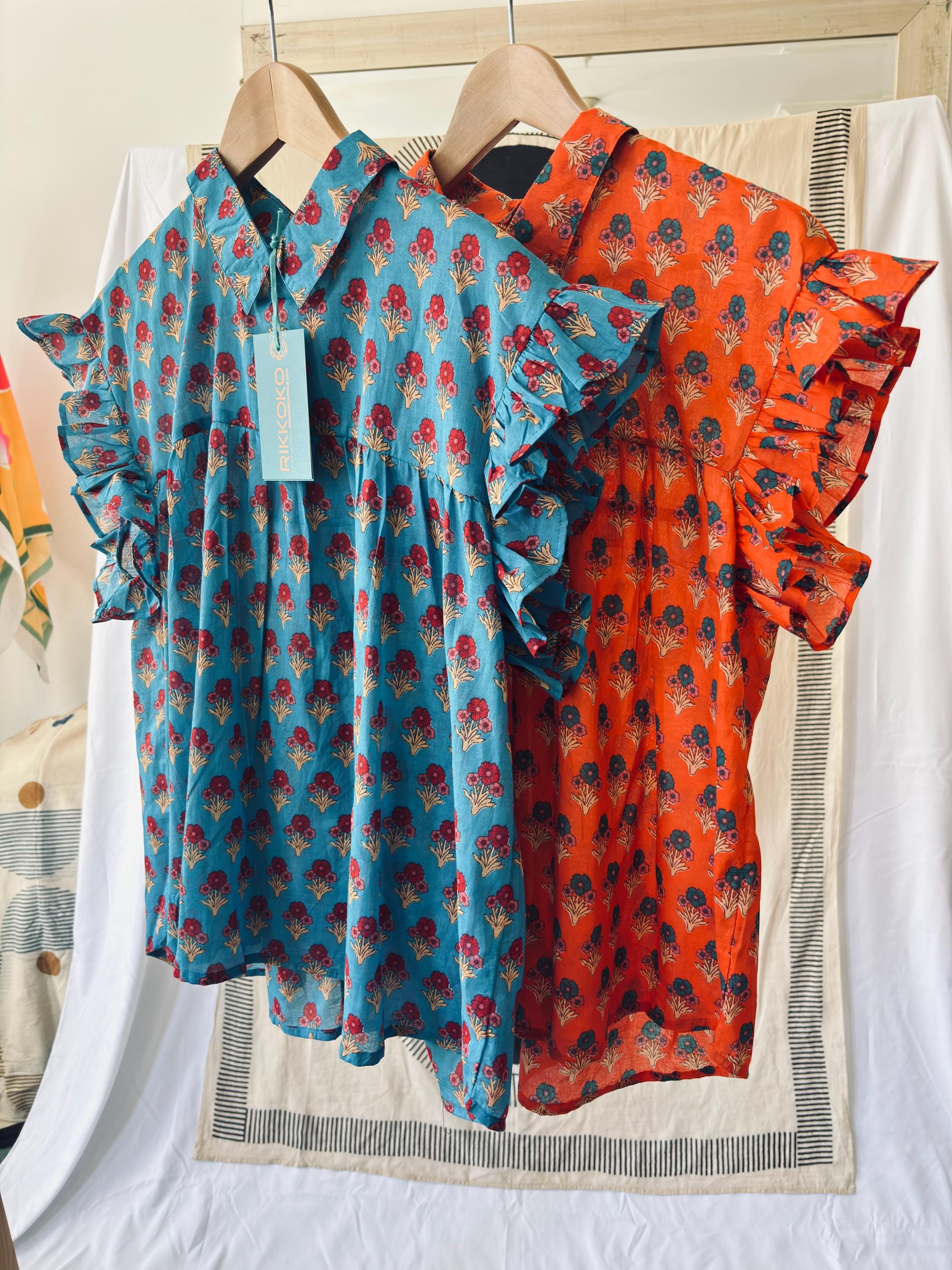 Floral blouse | 100% cotton sleeveless summer block print | orange | blue | cream