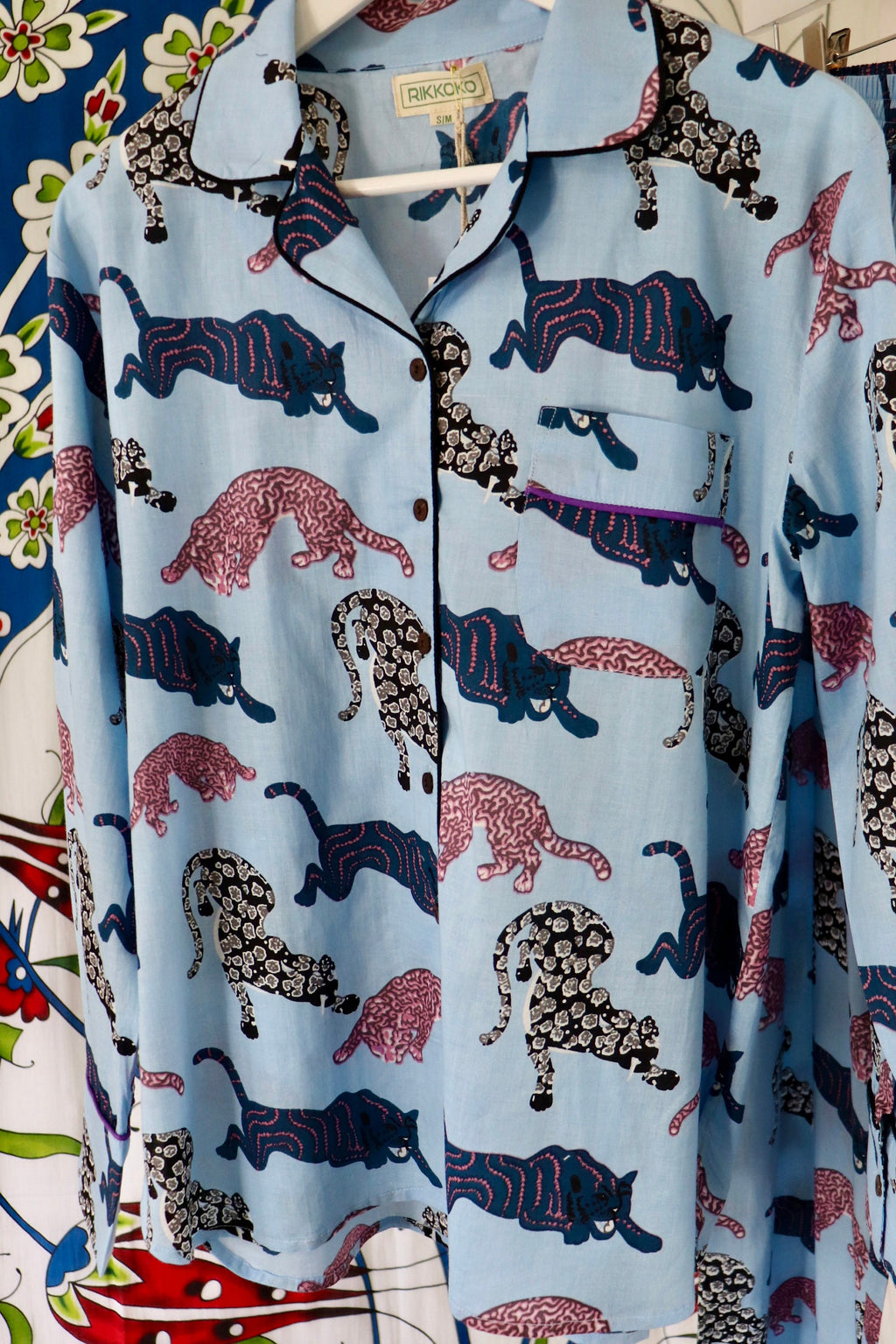 Panther Print Cotton Pajama Set: Blue Long Sleeve Loungewear