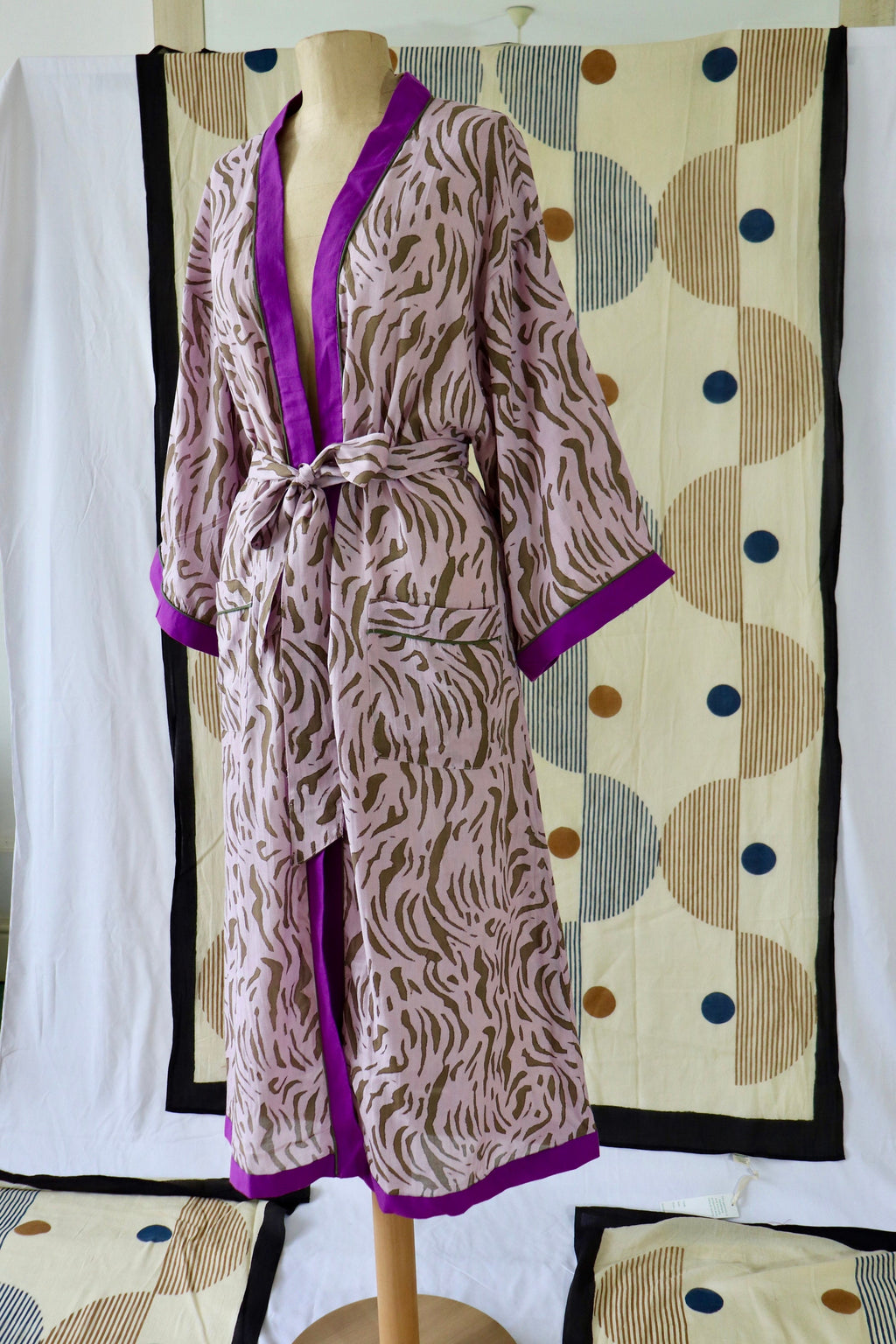 Animal Print Cotton Kimono Robe: Handmade Violet Loungewear