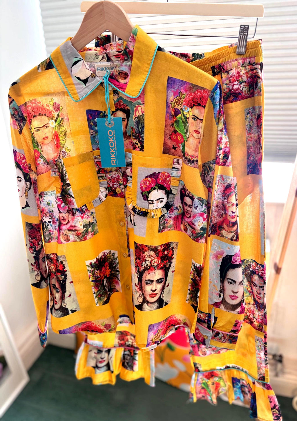 Frida Kahlo Cotton Pyjama frills Set: Yellow Portrait Print Loungewear