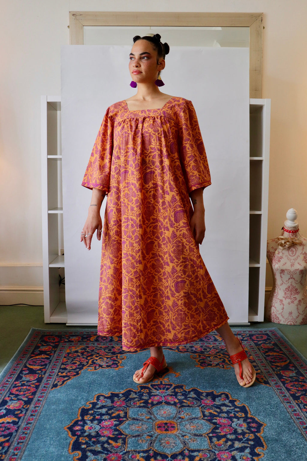 Floral Cotton Summer Dress: Yellow Block-Print Lounge Dress