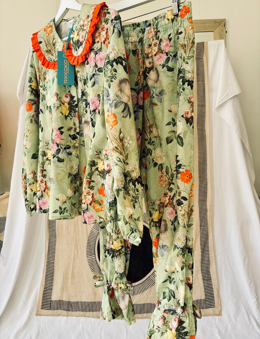 woman Victorian Style Cotton Pyjama  Set black Polka Dot  on a lime green base