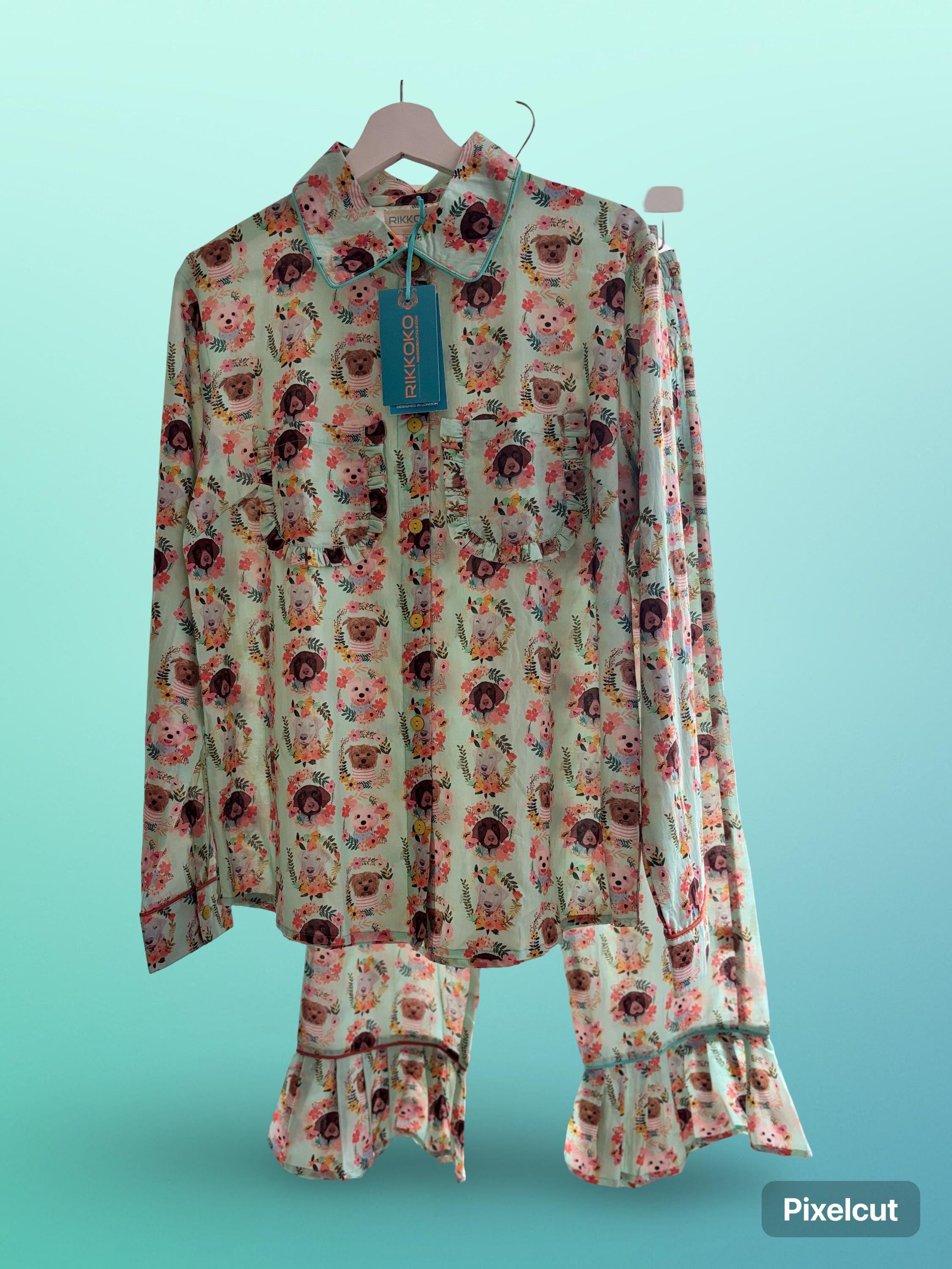 Pyjama cotton set coordinate  with frills  and pocket on quirky  DOGS PUPPY  print