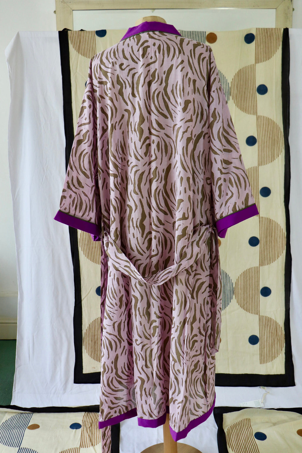 Animal Print Cotton Kimono Robe: Handmade Violet Loungewear