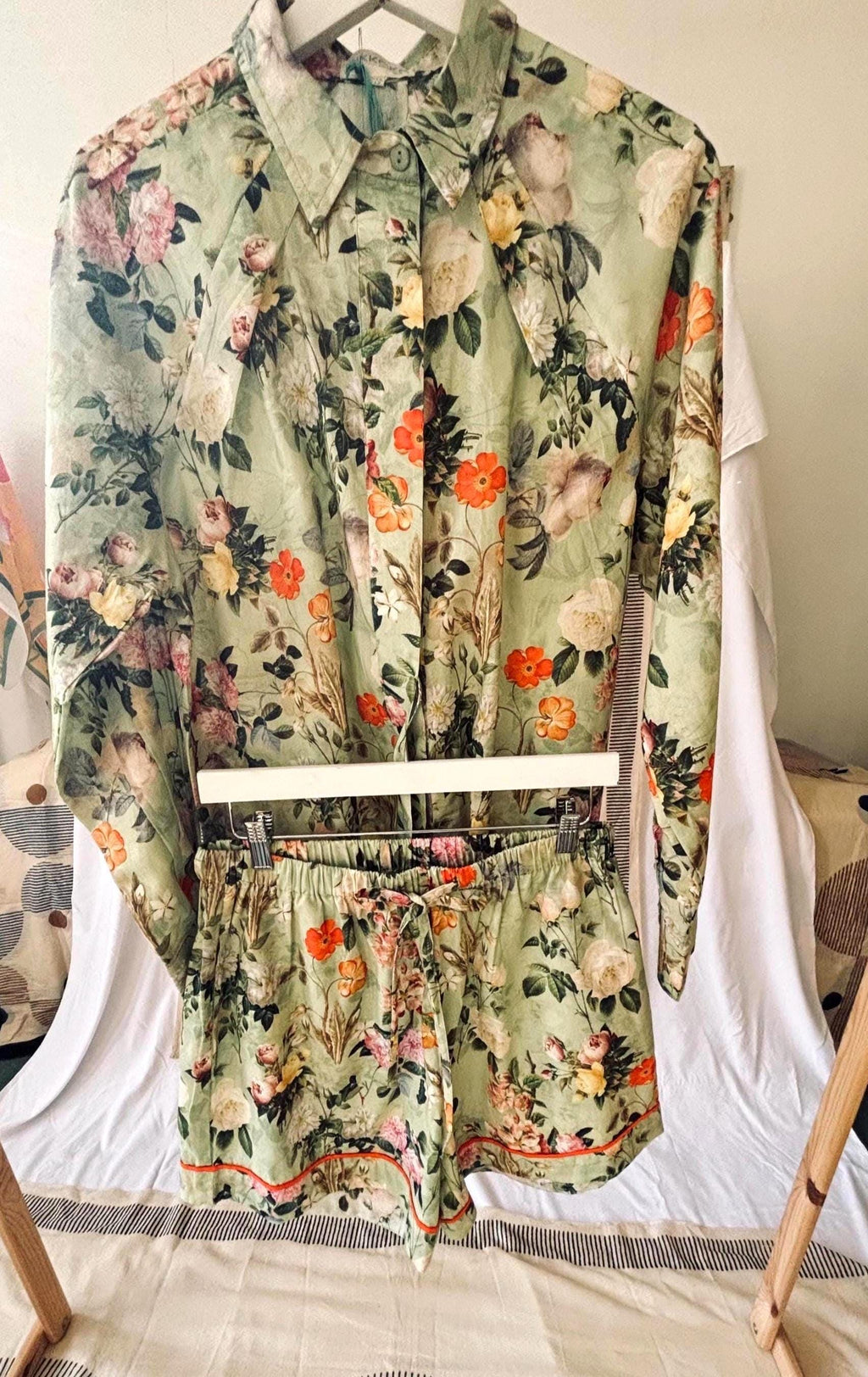 Vintage Floral Print Cotton woman shirt  Sage Green & Orange palette