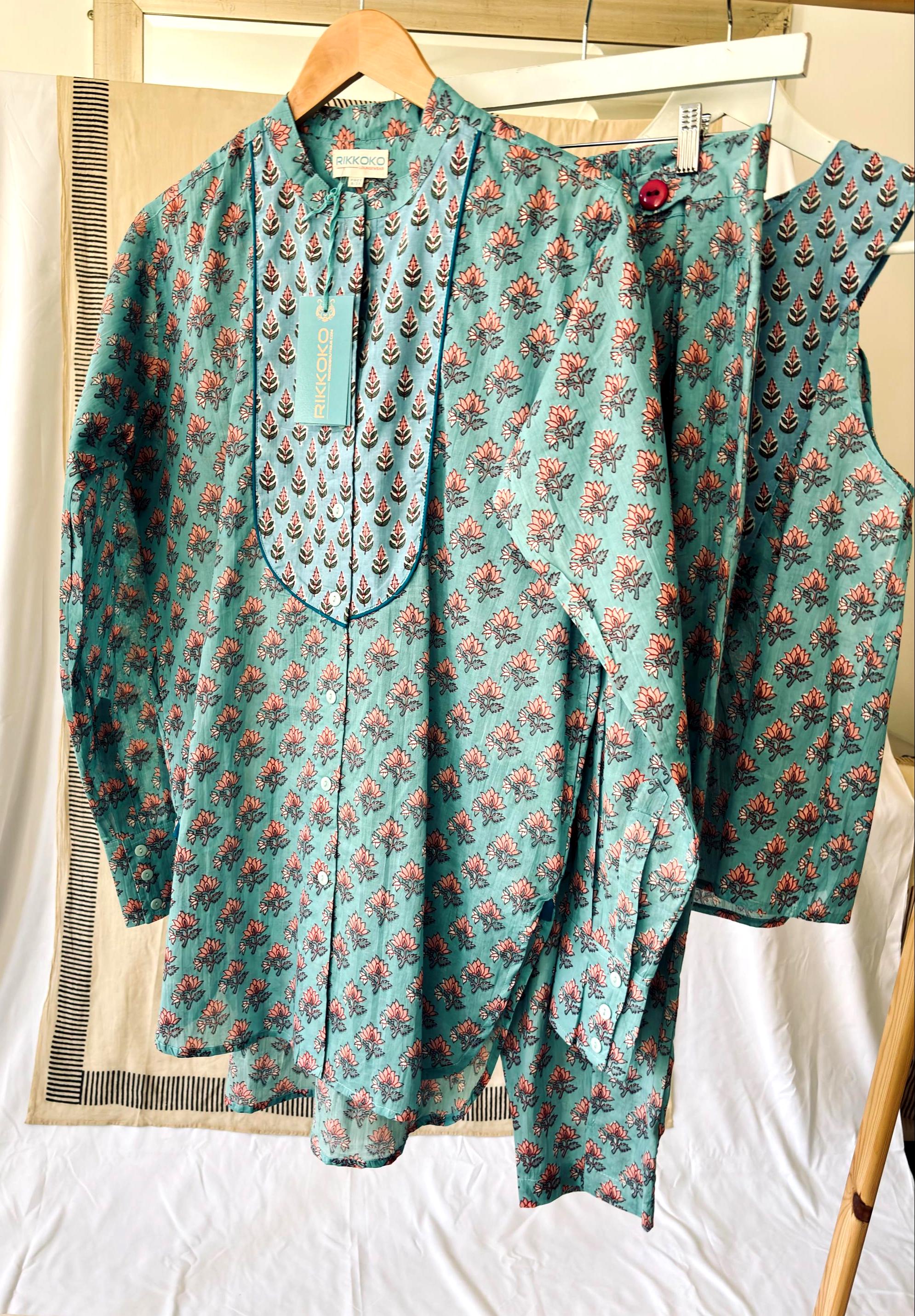 Floral Block Print Cotton Coordinate Set: Sleeveless Top & High-Waisted Pants