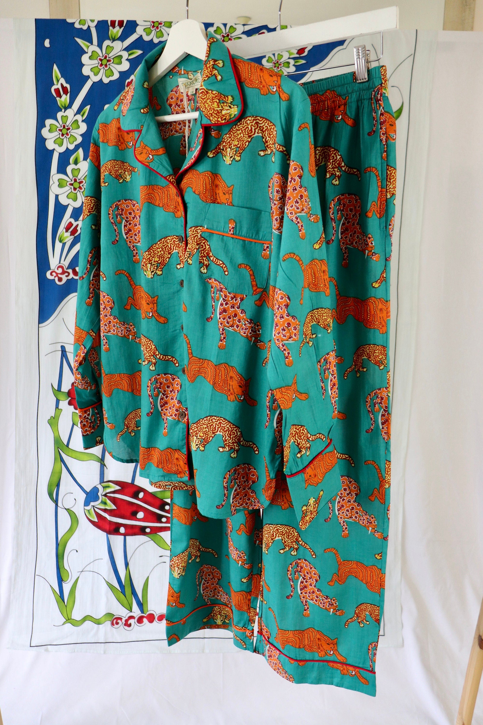 Cotton Pyjama Set: Orange Panther Print, Green Piping