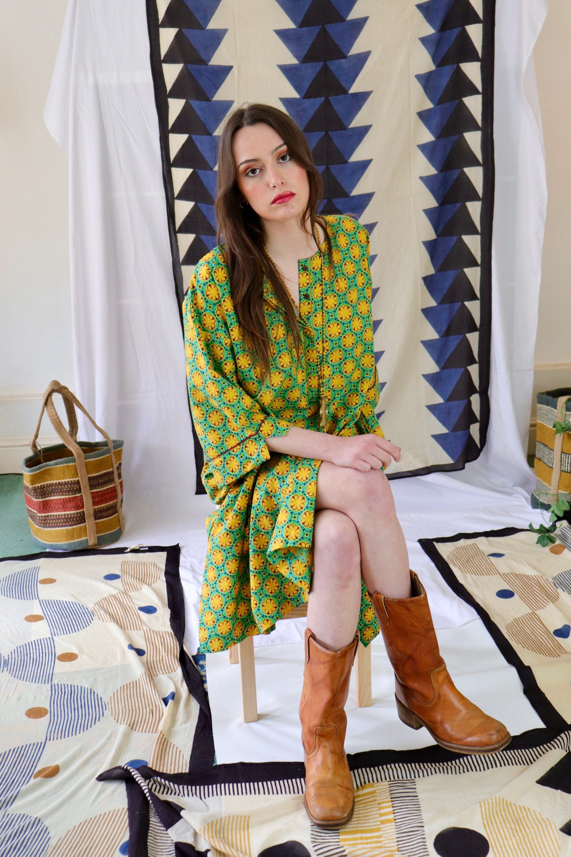 Cotton Kaftan Shirt|dress Floral Print Tunic on a light green and yellow palette
