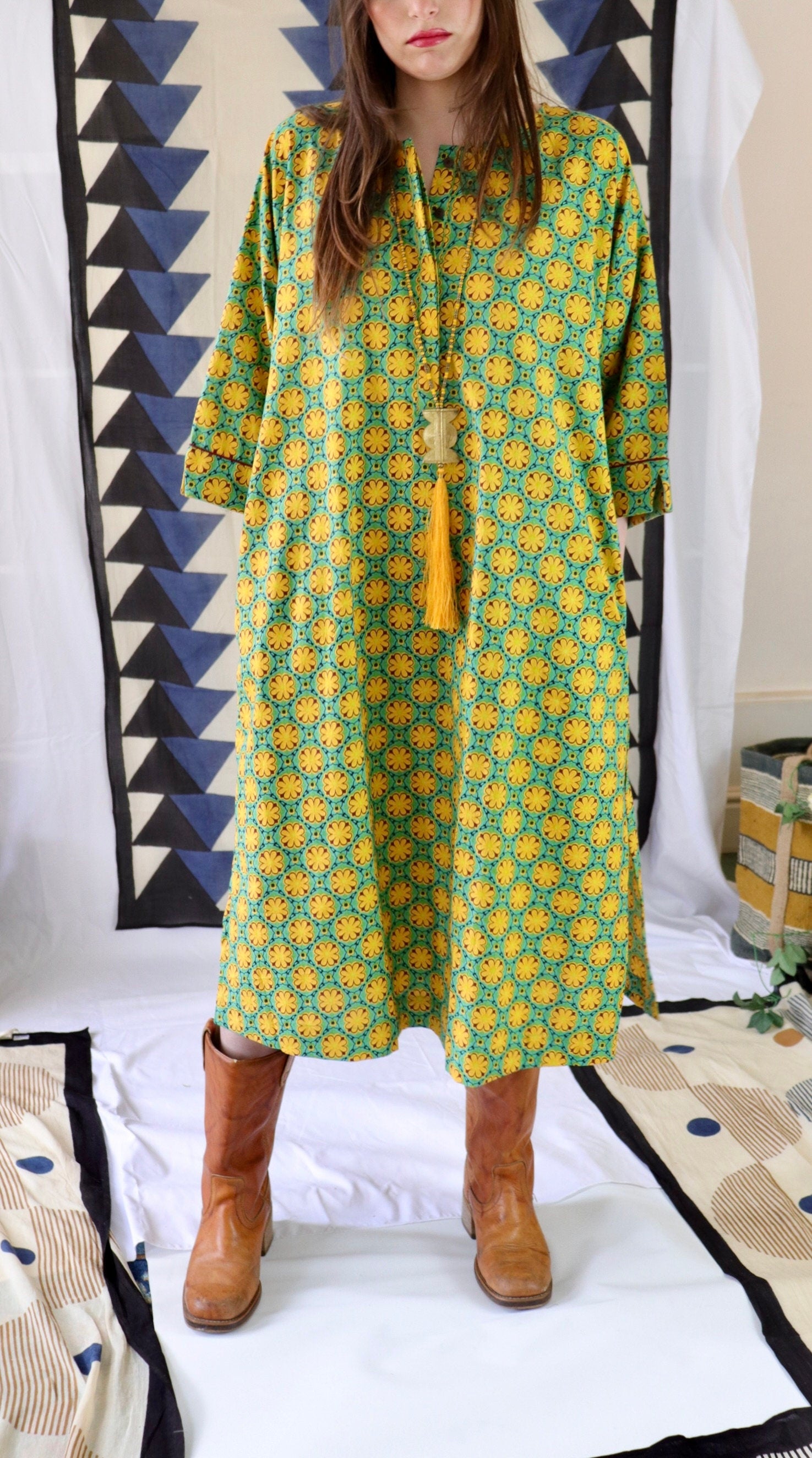 Cotton Kaftan Shirt|dress Floral Print Tunic on a light green and yellow palette