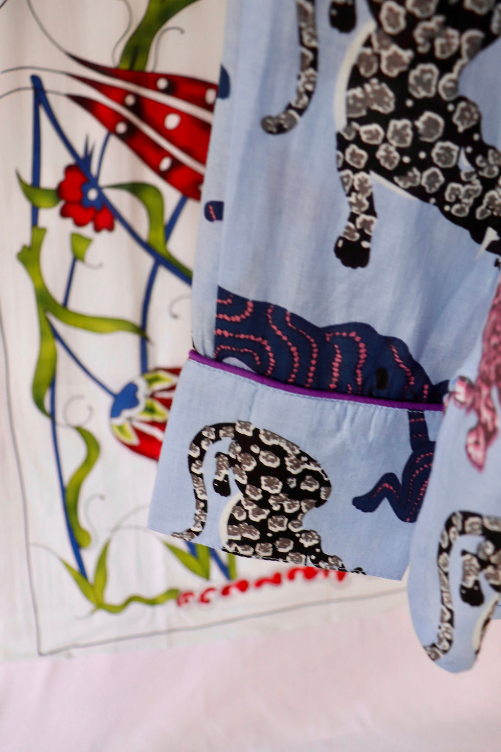 Panther Print Cotton Pajama Set: Blue Long Sleeve Loungewear