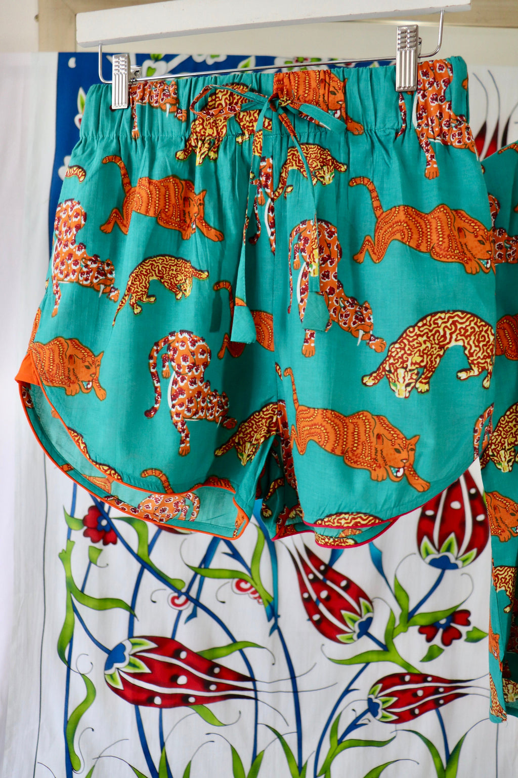 Cotton Pyjama Set: Green Orange Panther Print, Short Sleeve Piped Loungewear