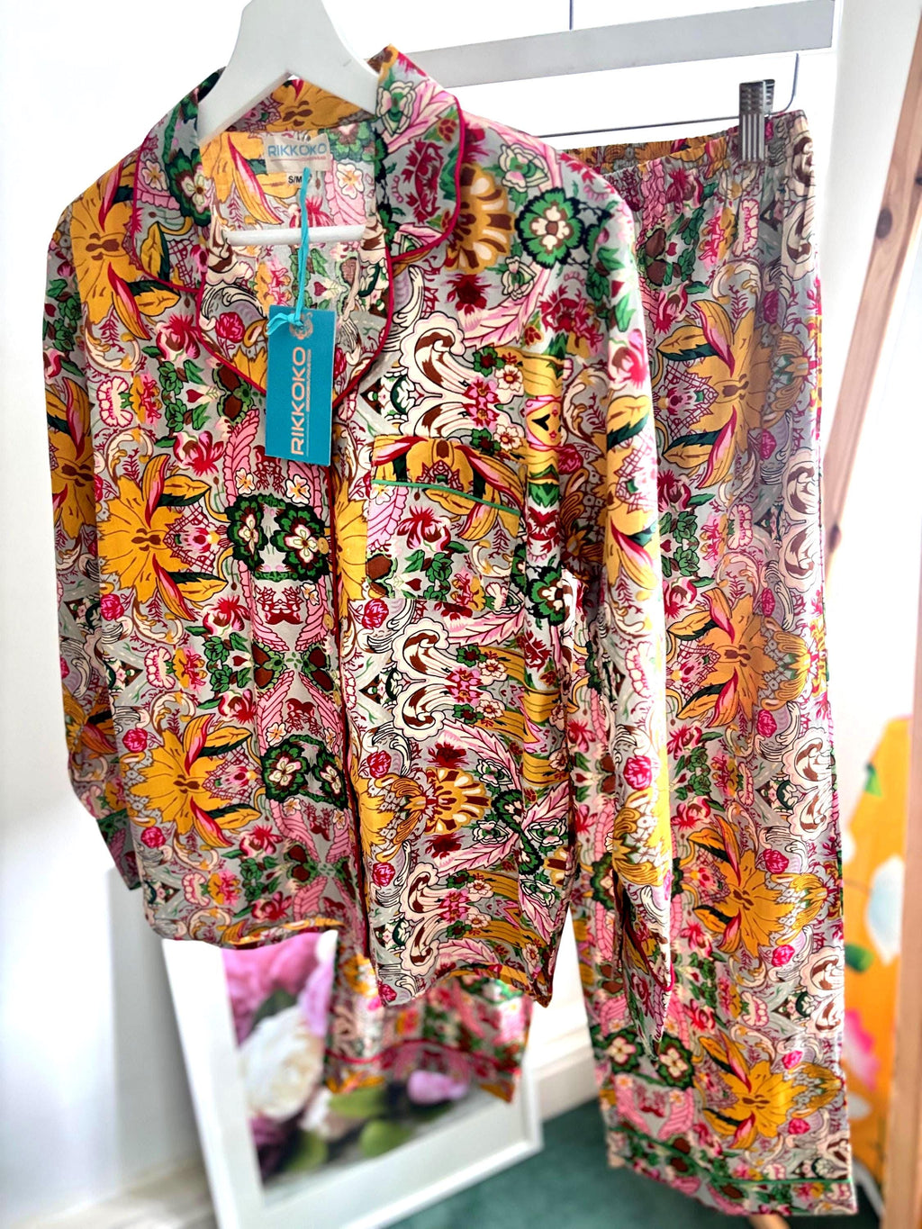 Woman Pyjama cotton Set  Yellow Prism Print and Contrast Piping long pants and sleeves