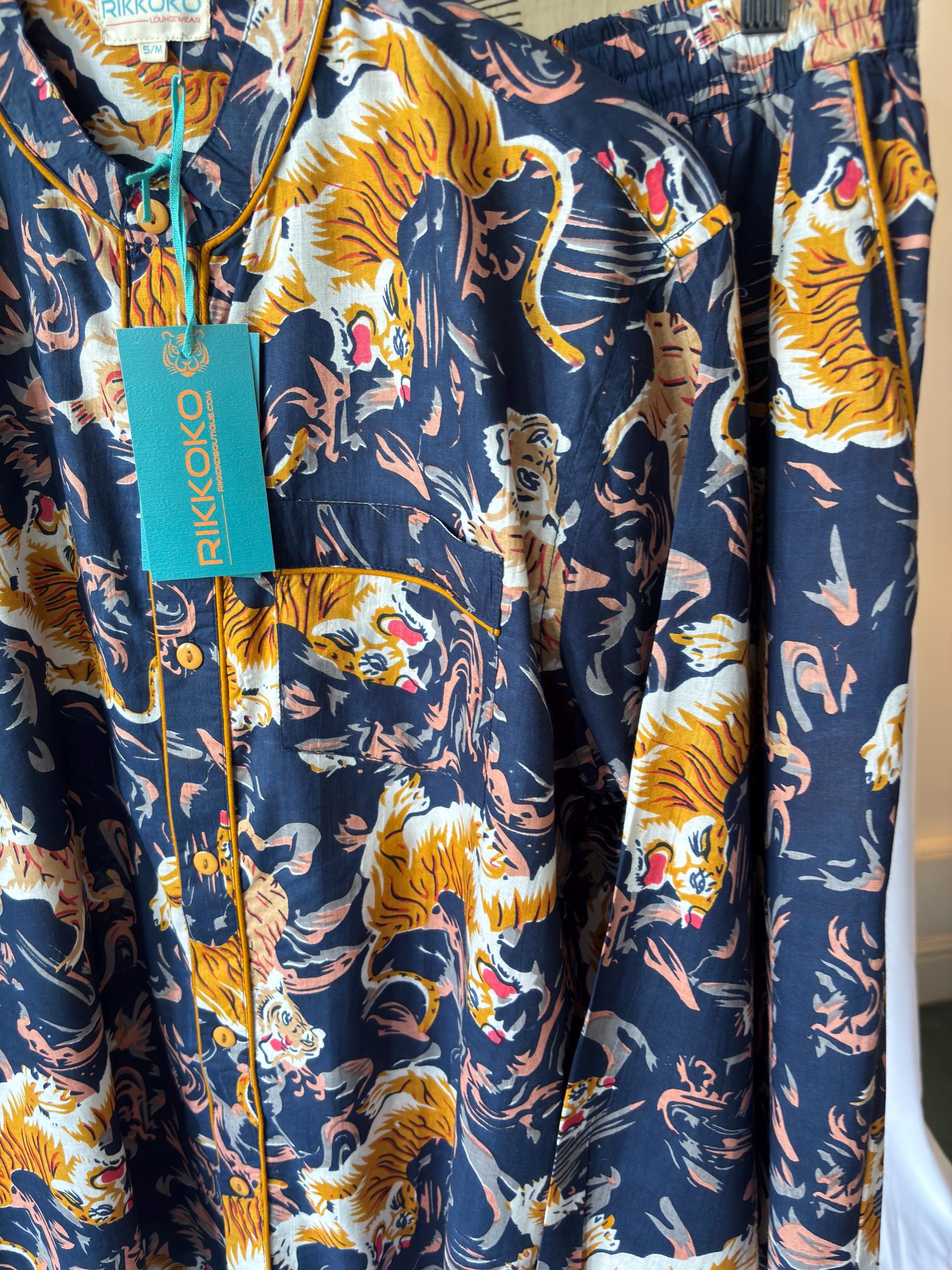 Men's Cotton Tiger Print Pajama Set: Black, Blue, Green