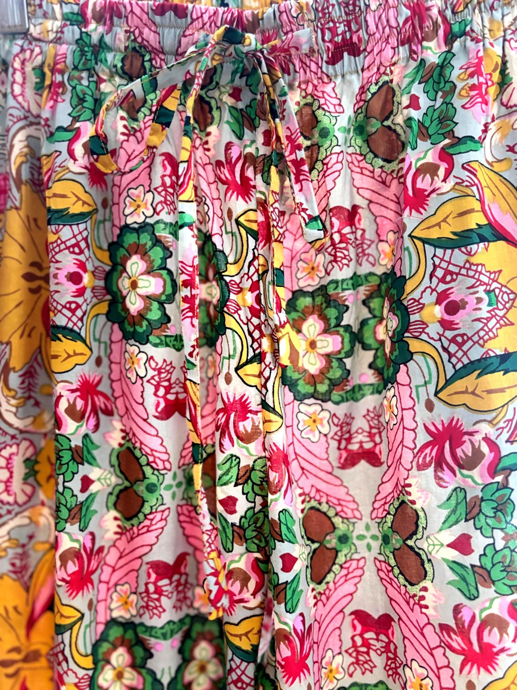 Woman Pyjama cotton Set  Yellow Prism Print and Contrast Piping long pants and sleeves