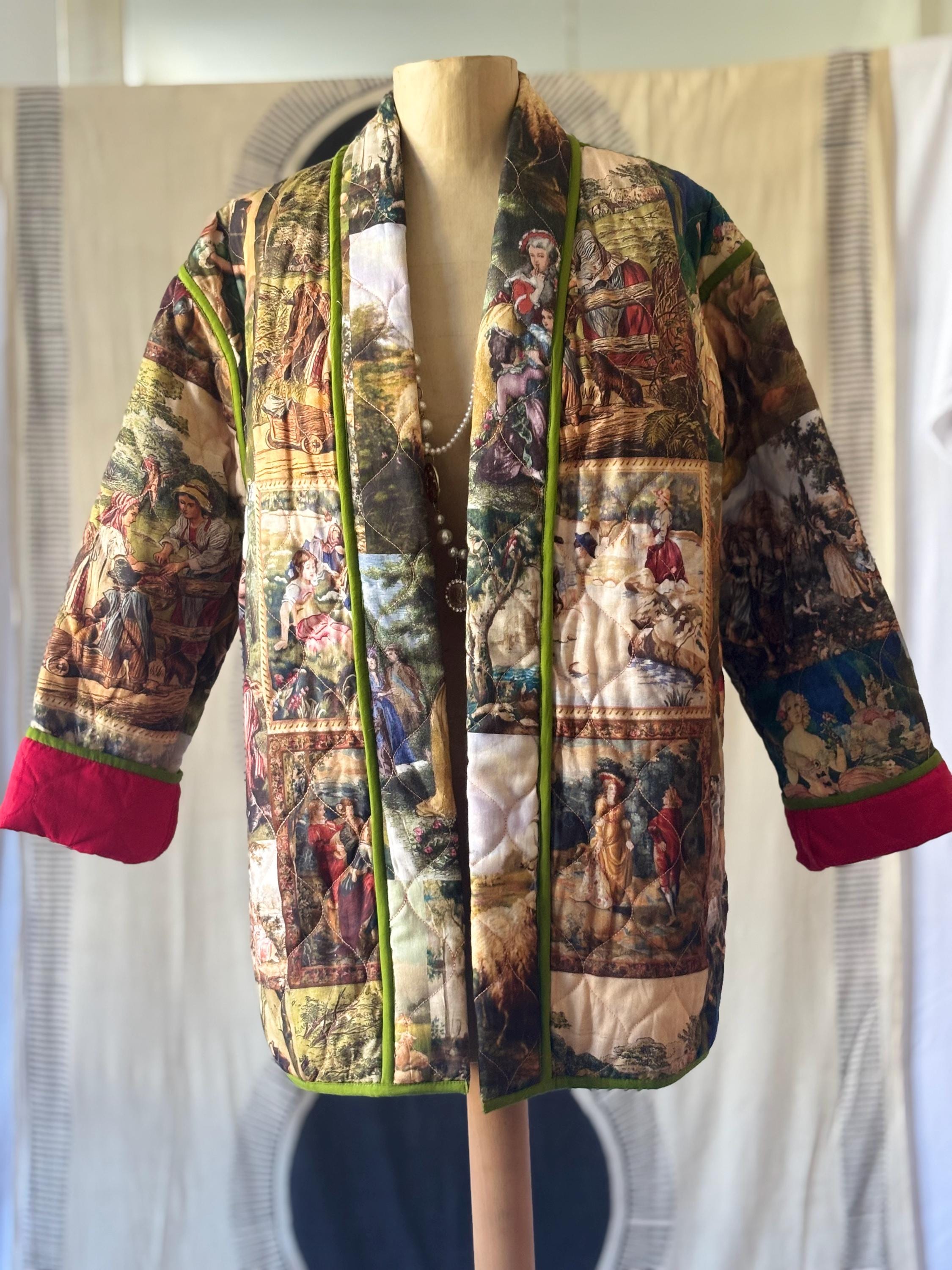 Padded Robe Jacket: Romantic Painting Print, Green/Yellow Piping in cotton and digital print