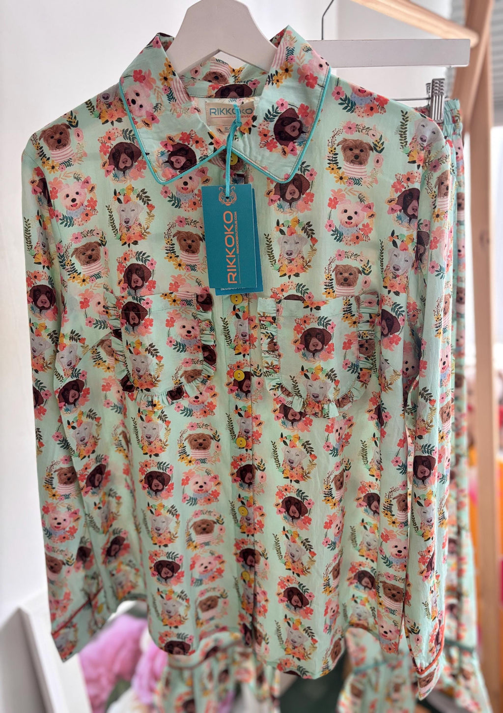 Pyjama cotton set coordinate  with frills  and pocket on quirky  DOGS PUPPY  print