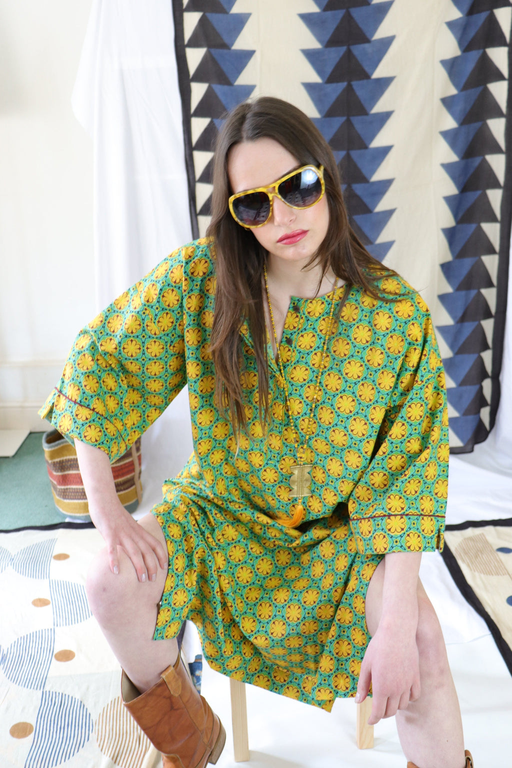 Cotton Kaftan Shirt|dress Floral Print Tunic on a light green and yellow palette