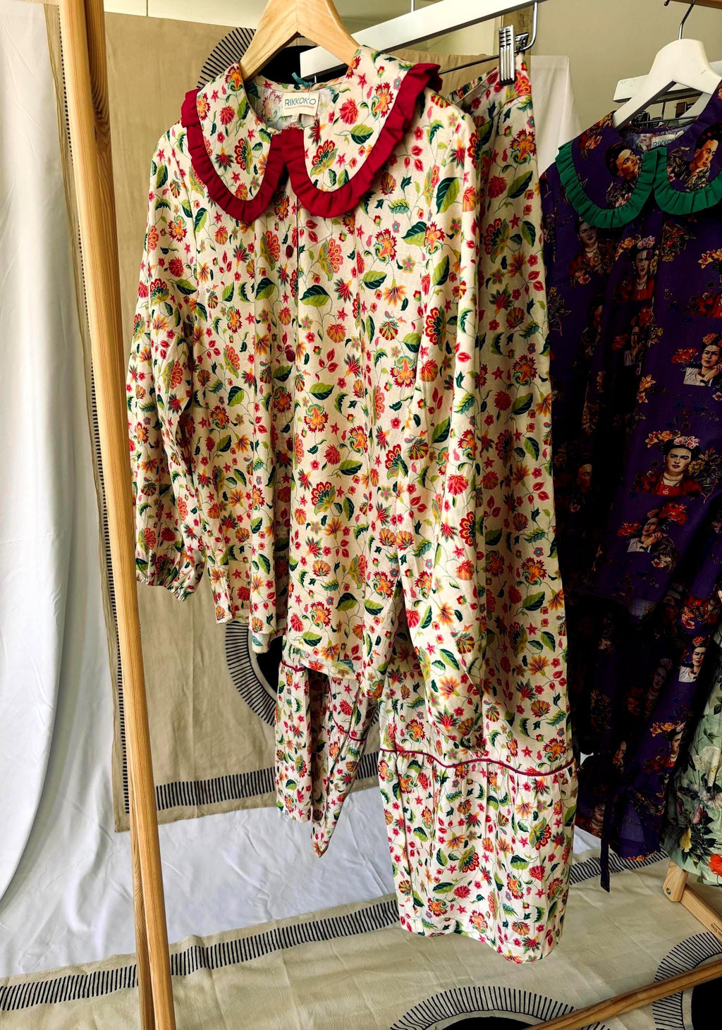 woman Victorian Style Cotton Pyjama  Set black Polka Dot  on a lime green base