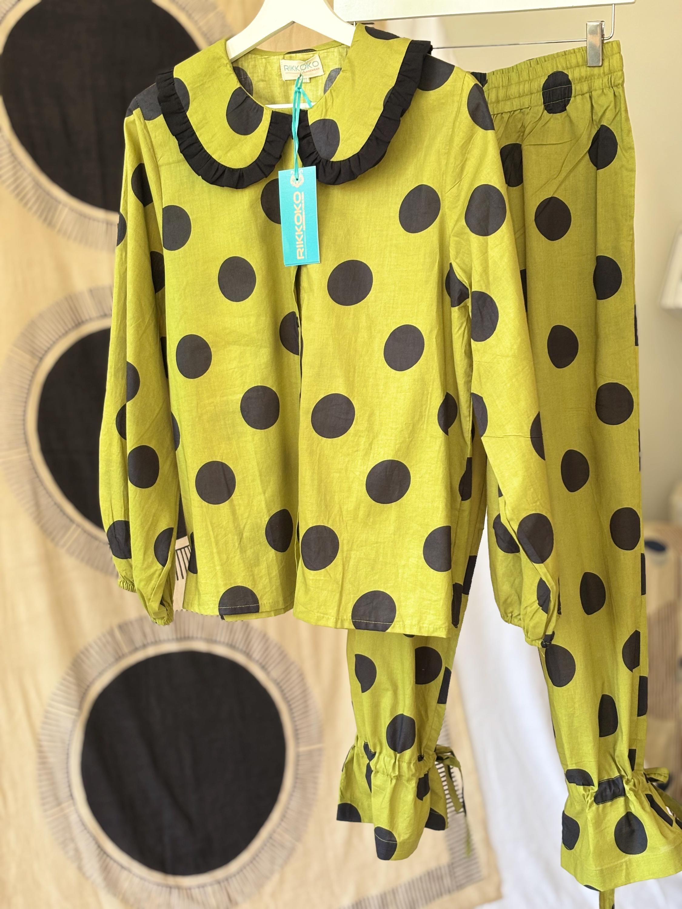 woman Victorian Style Cotton Pyjama  Set black Polka Dot  on a lime green base