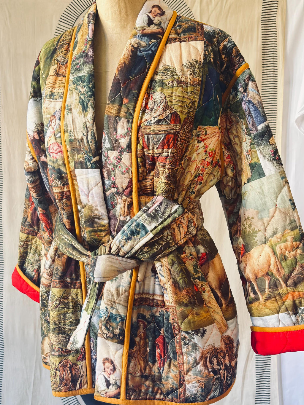 Padded Robe Jacket: Romantic Painting Print, Green/Yellow Piping in cotton and digital print