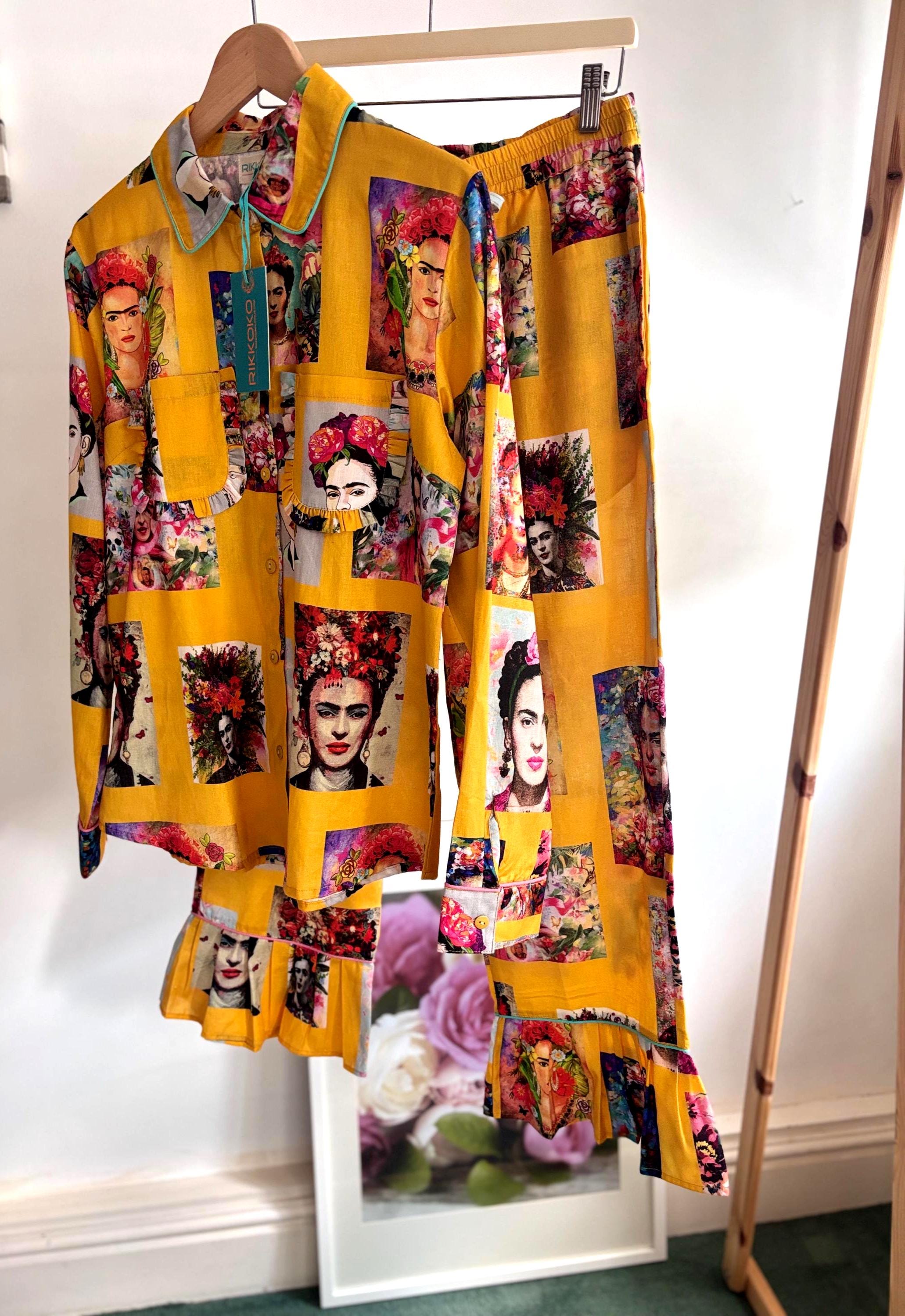 Frida Kahlo Cotton Pyjama frills Set: Yellow Portrait Print Loungewear