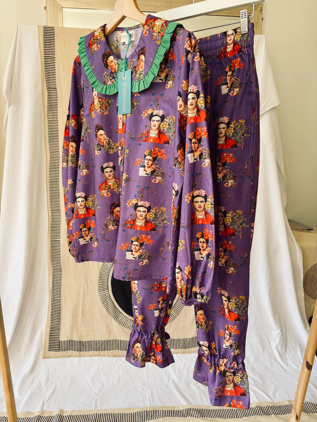 Victorian Floral Cotton Pajama Set: Sage Green & Orange Ruffle Trim