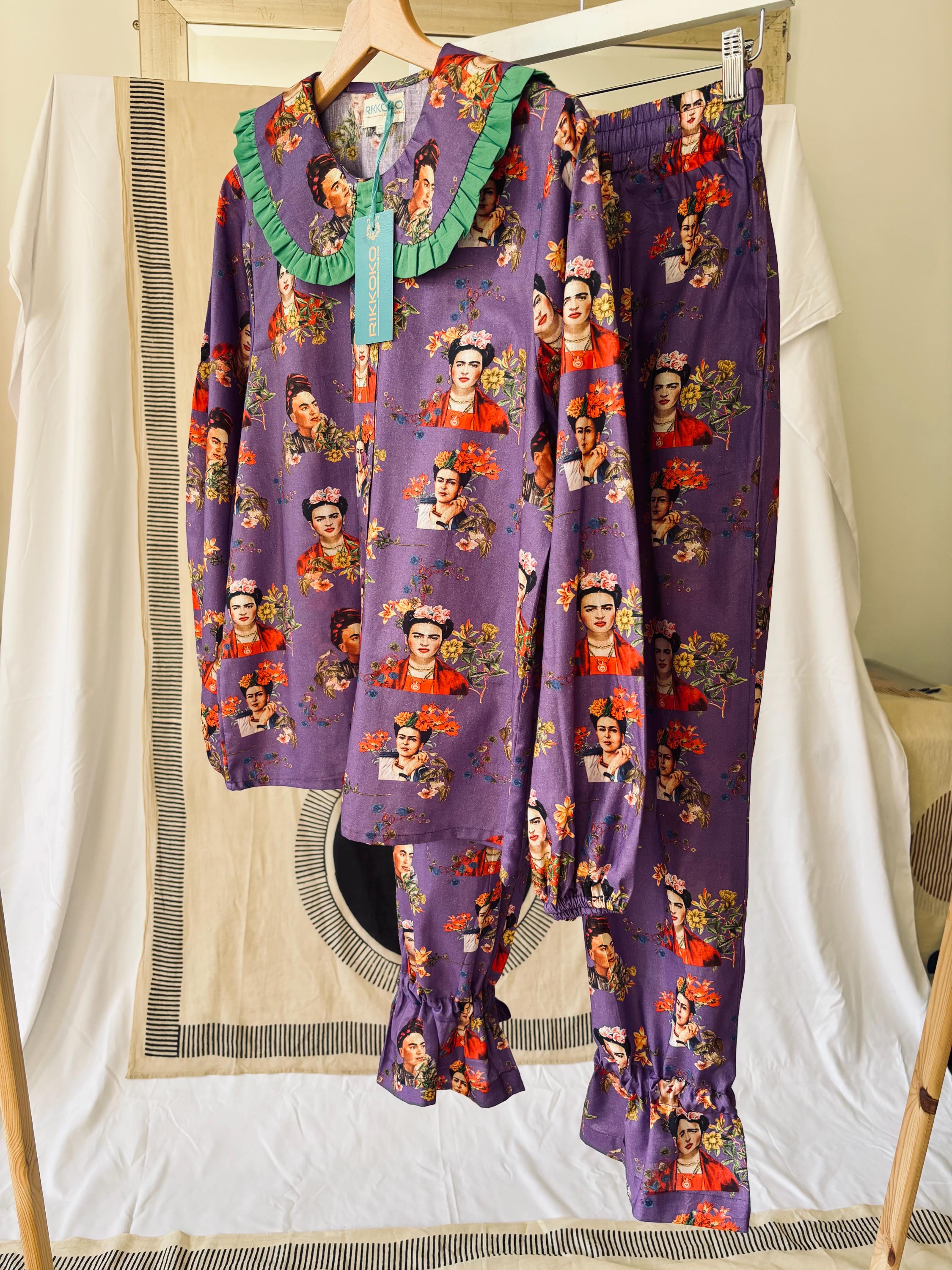 Victorian Floral Cotton Pajama Set: Sage Green & Orange Ruffle Trim